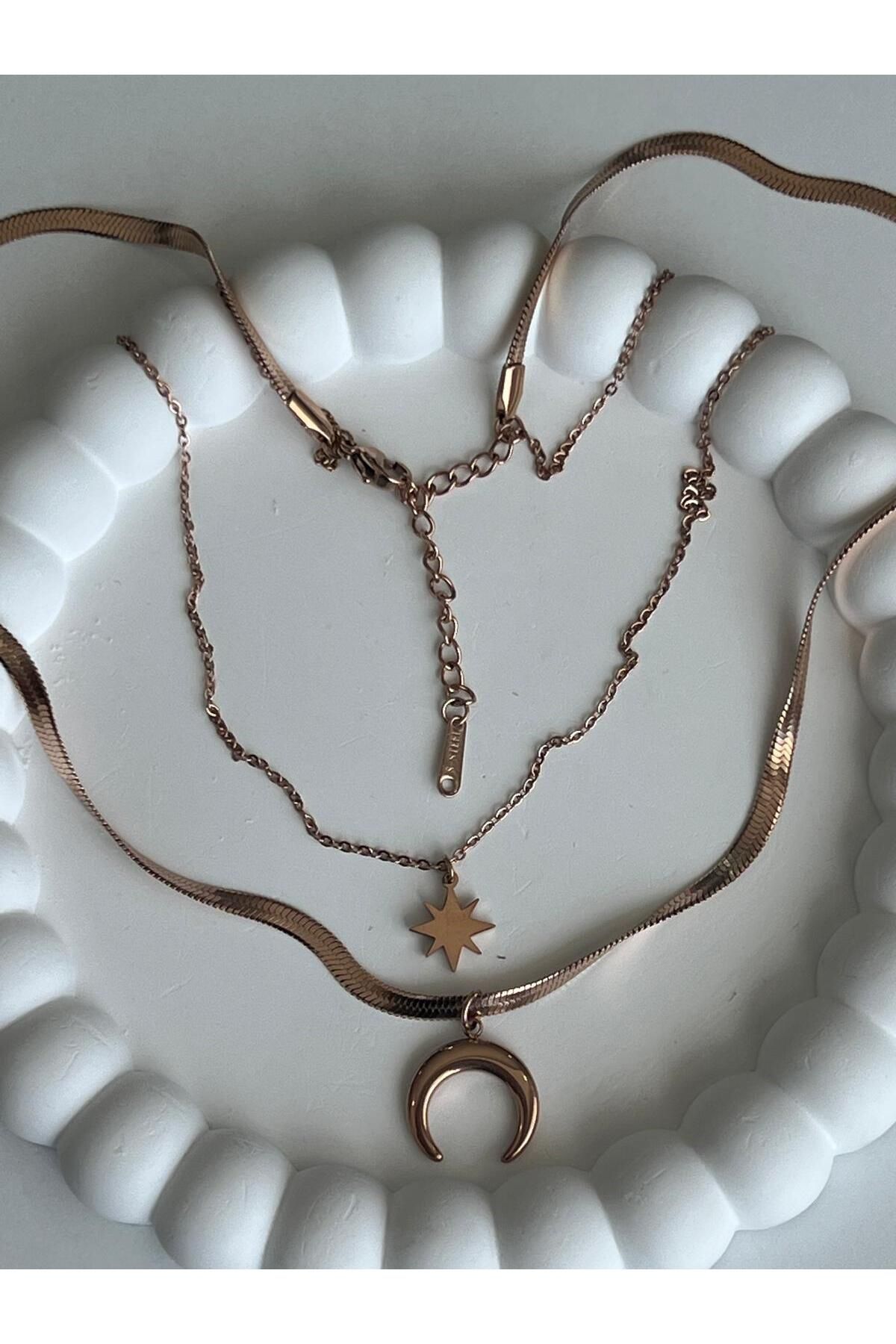 Meri Kutup yıldızı ve ay detay ikili rosegold çelik kolye