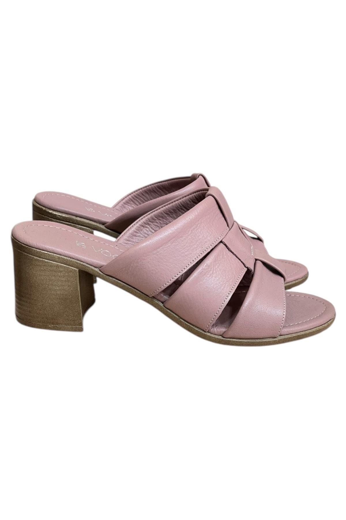 TUFAN SHOES Gül Kurusu Hakiki Deri Bant Detaylı Topuklu Comfort Taban Terlik