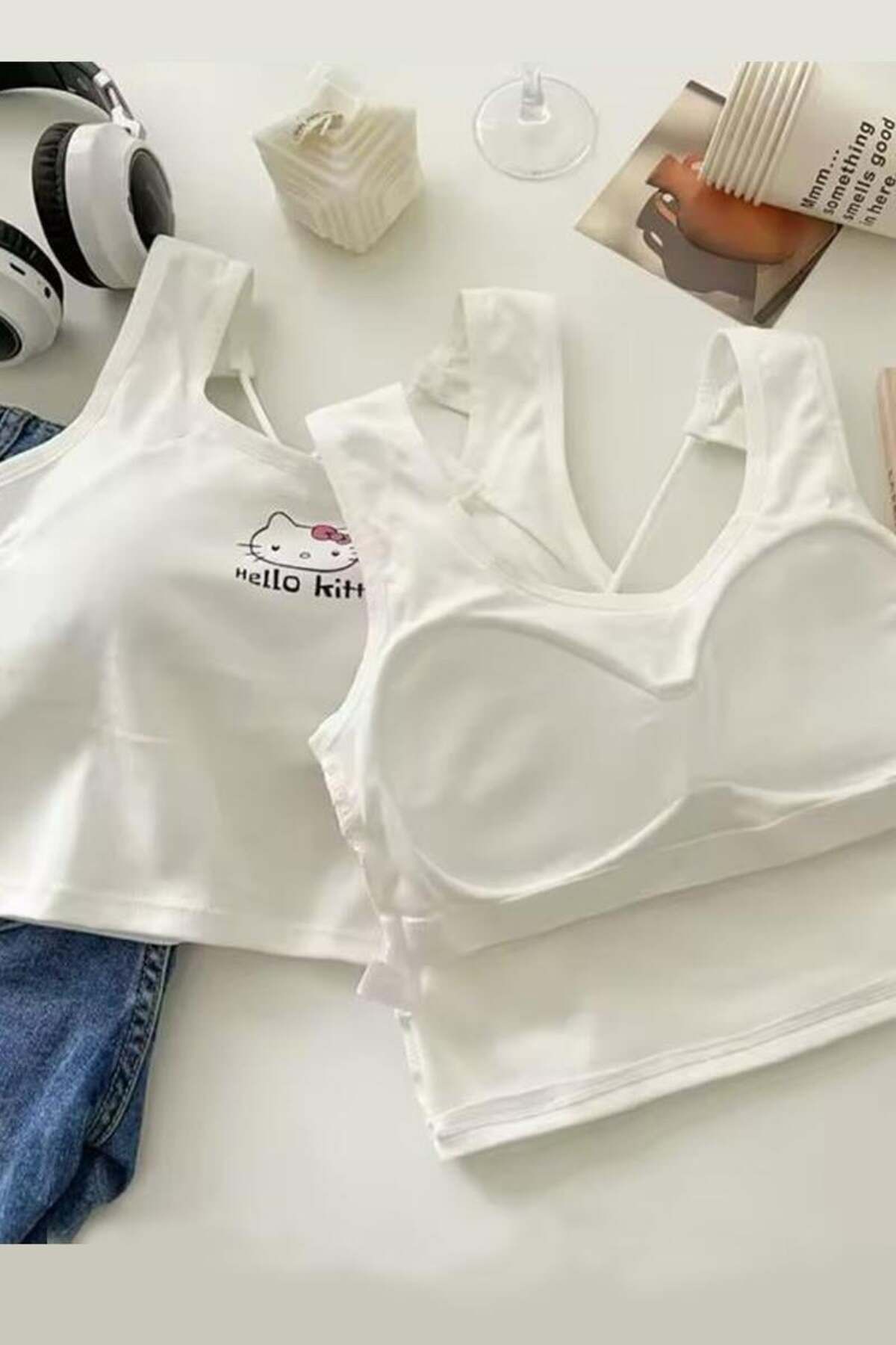 BALİNA Beyaz Hello Kitty Gloplu Sırt Dekolteli Askılı Crop -ALH