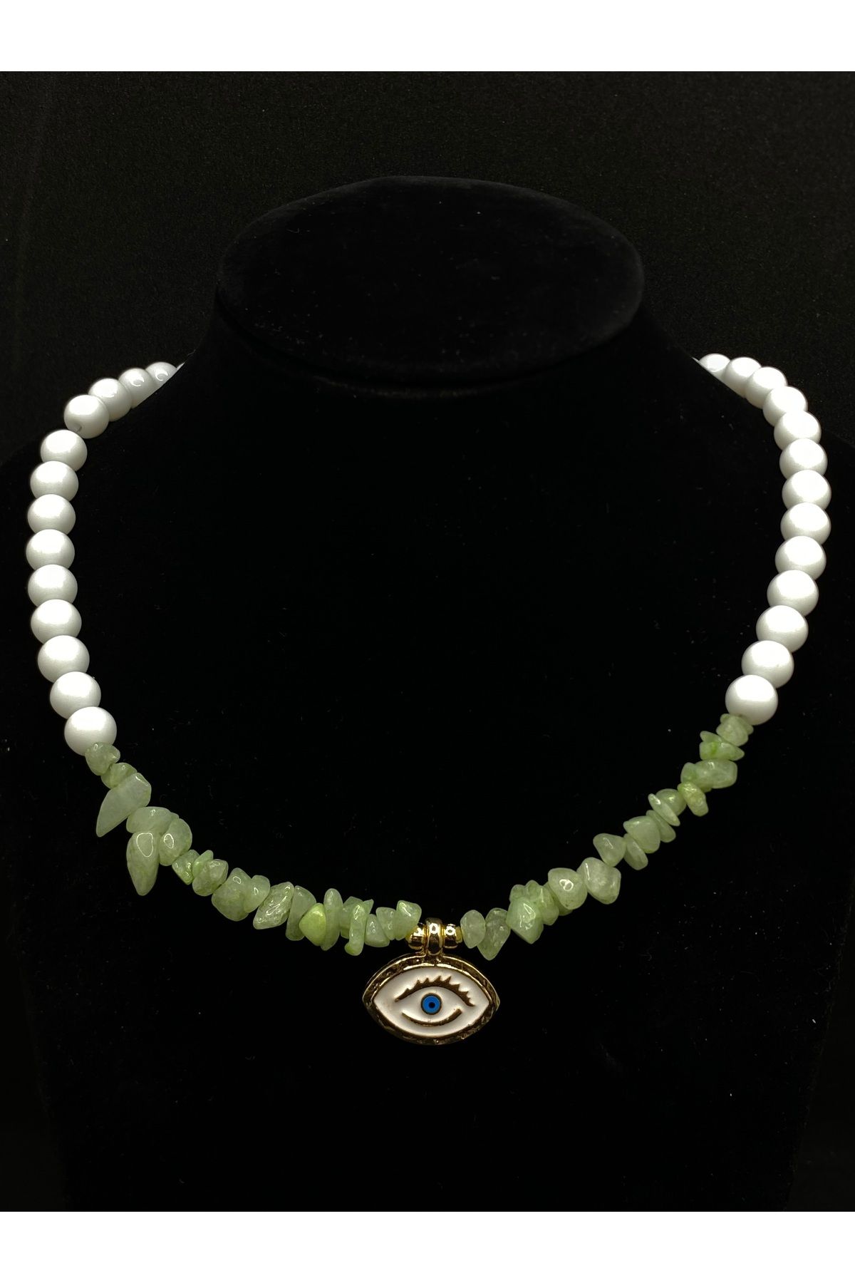 Jiji Jewelery İnci Sıra Şık Modern Yazlık Yeşim Doğal Taş Tasarım Paslanmaz Çelik Kolye