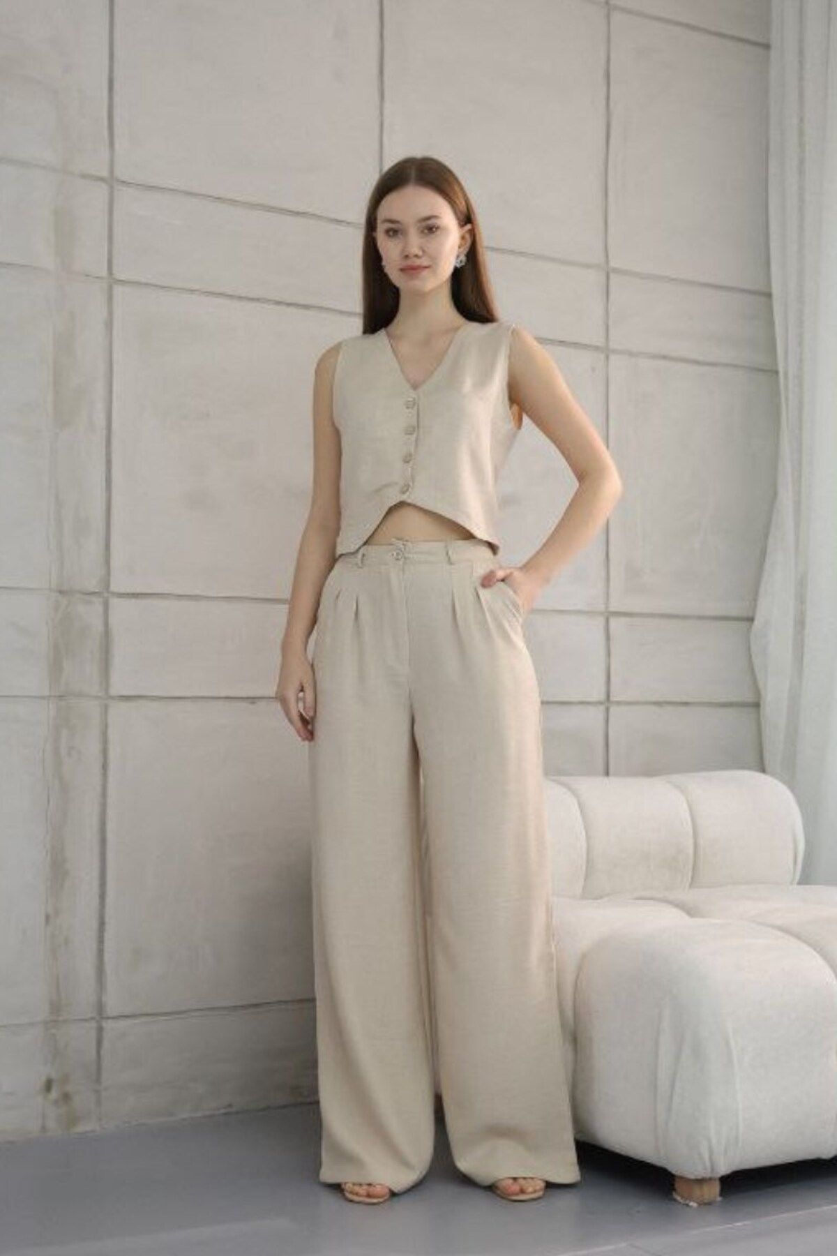 msm fashion Kadın Alt Üst Takım Keten Düğmeli Yelek Palazzo Pantolon Yazlık Takım