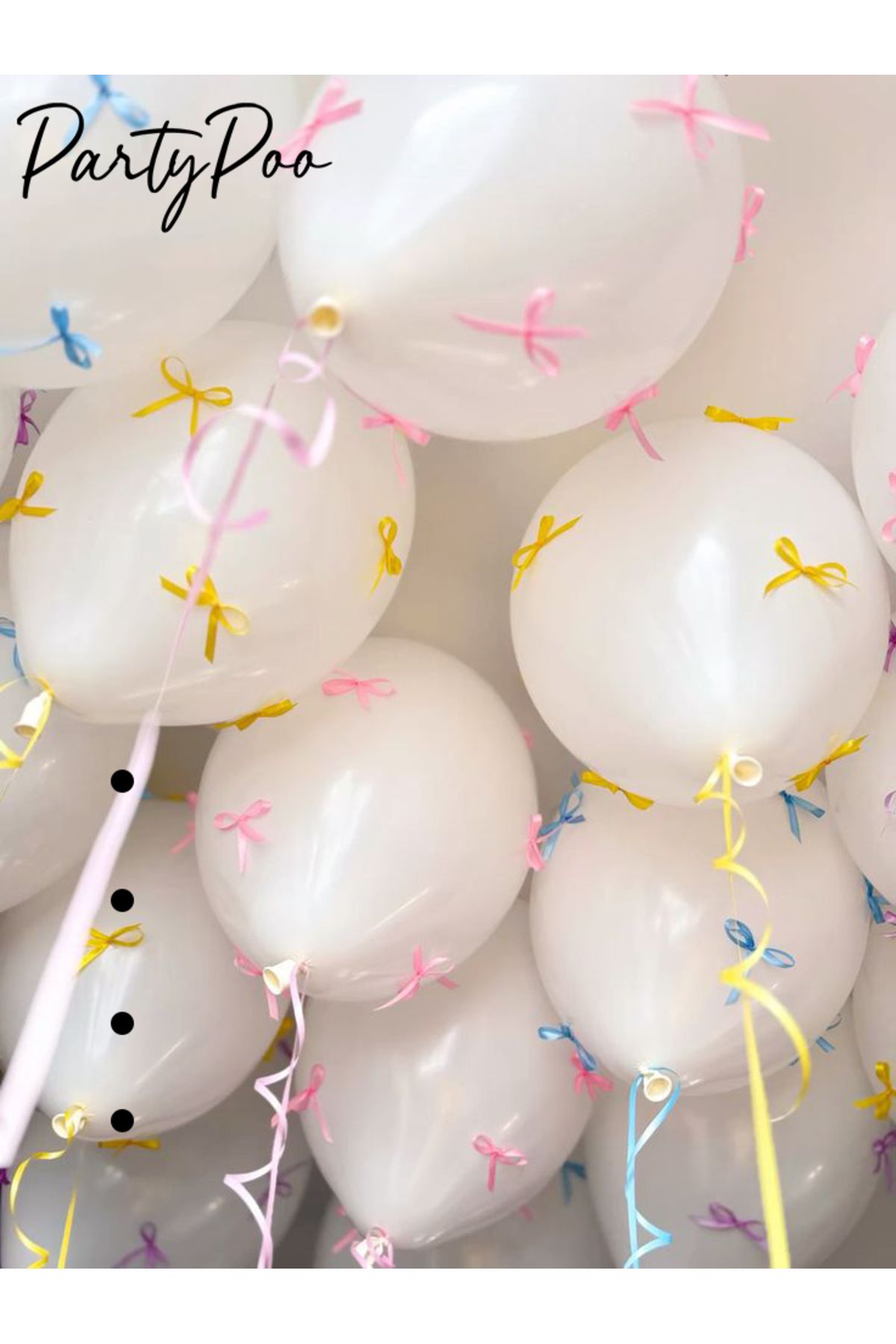 PartyPoo Renkli Kurdeleli Beyaz Balon Seti 10'lu Doğum Günü Fiyonklu Balon , Kurdeleli Balon Seti