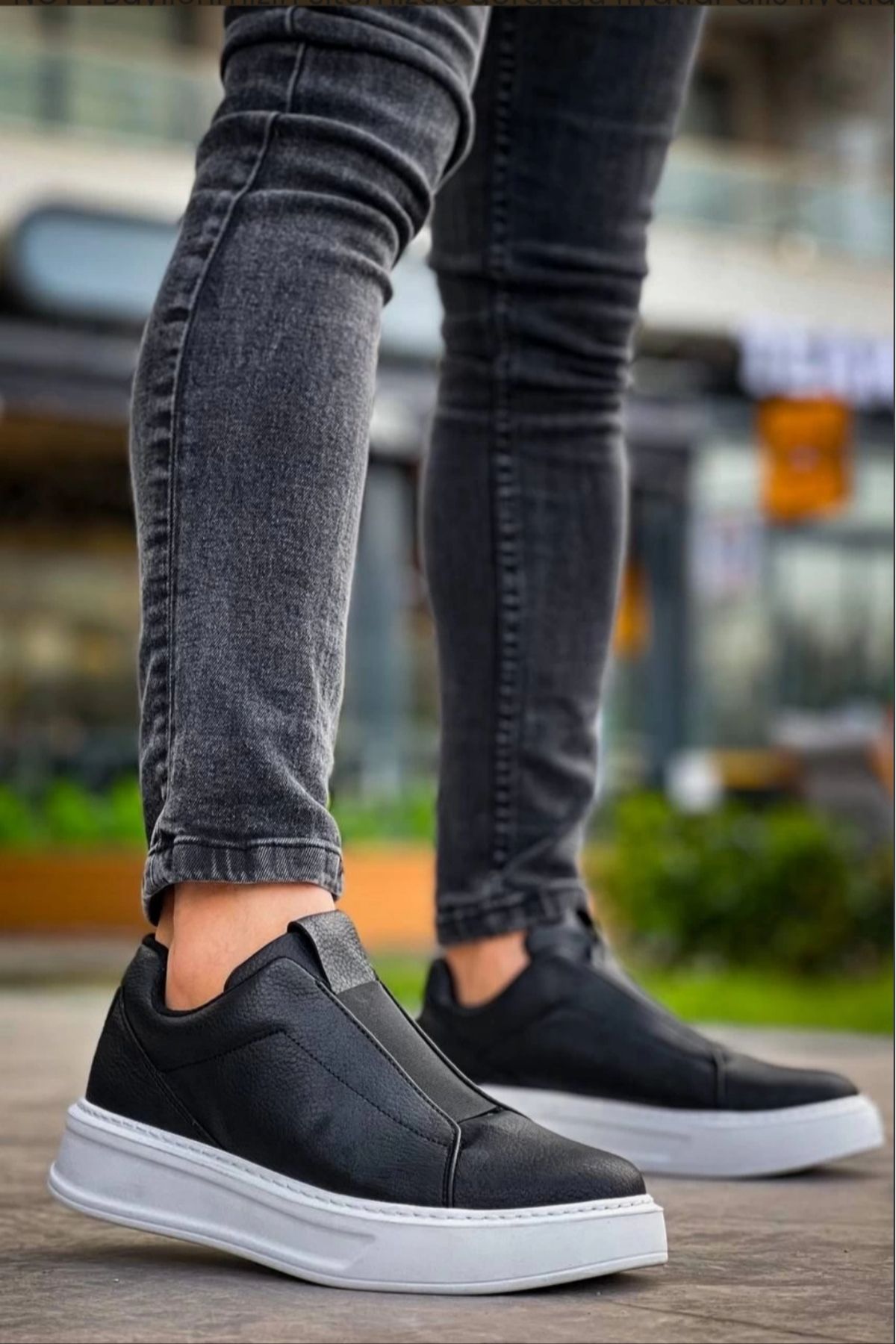 MODA KB-007 Kuback Siyah Beyaz Yüksek Taban Tek Bant Bağcıksız Günlük Erkek Ayakkabı