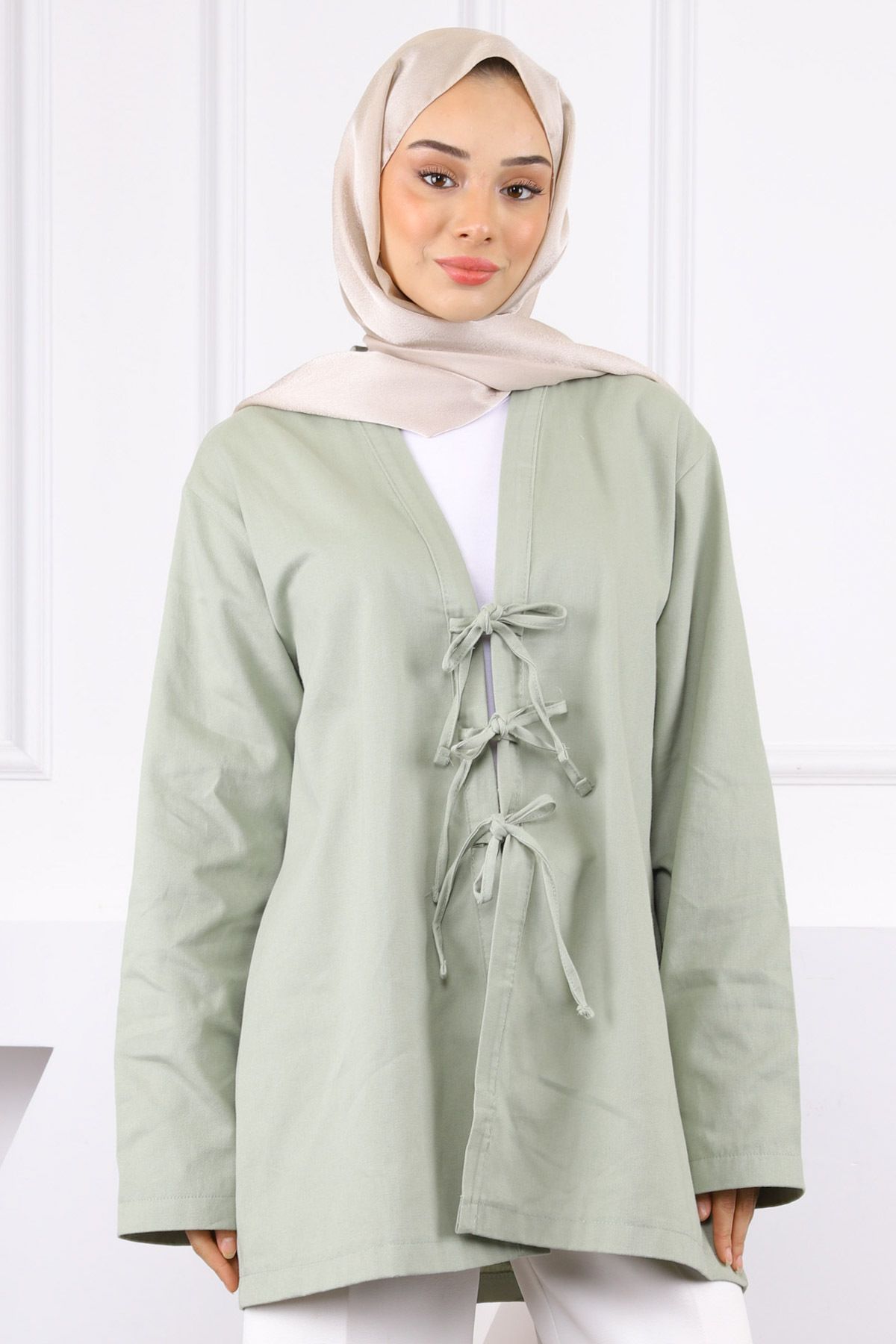 İmajButik Açık Haki Ön Bağlamalı Kimono