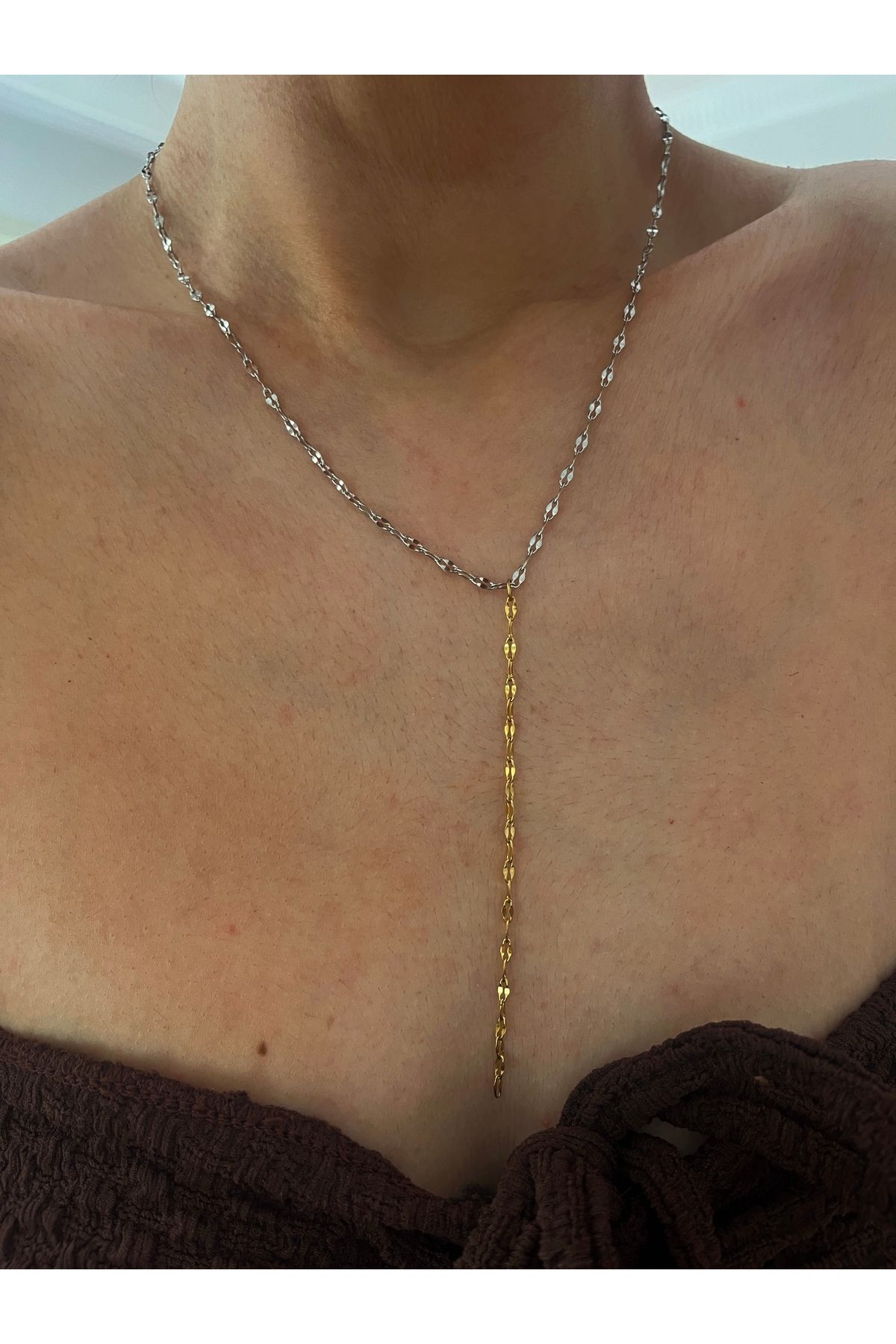Hoop jewelery çelik çift renk lip chain y kolye
