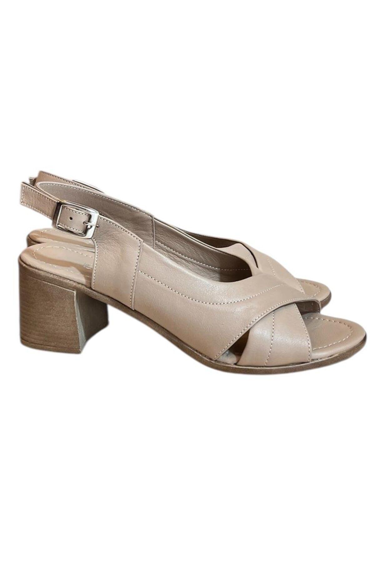 TUFAN SHOES Vizon Hakiki Deri Çapraz Bantlı Comfort Taban Topuklu Sandalet