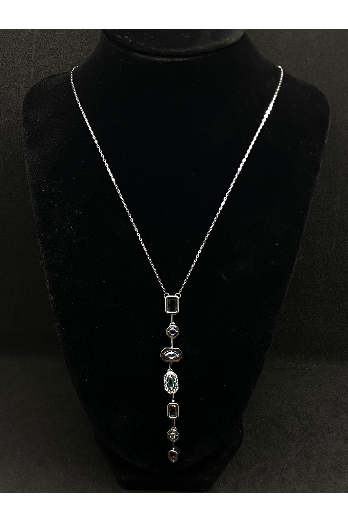 Jiji Jewelery Trend Moda Gümüş Renk Çok Renkli Taşlı Paslanmaz Çelik Y Kolye