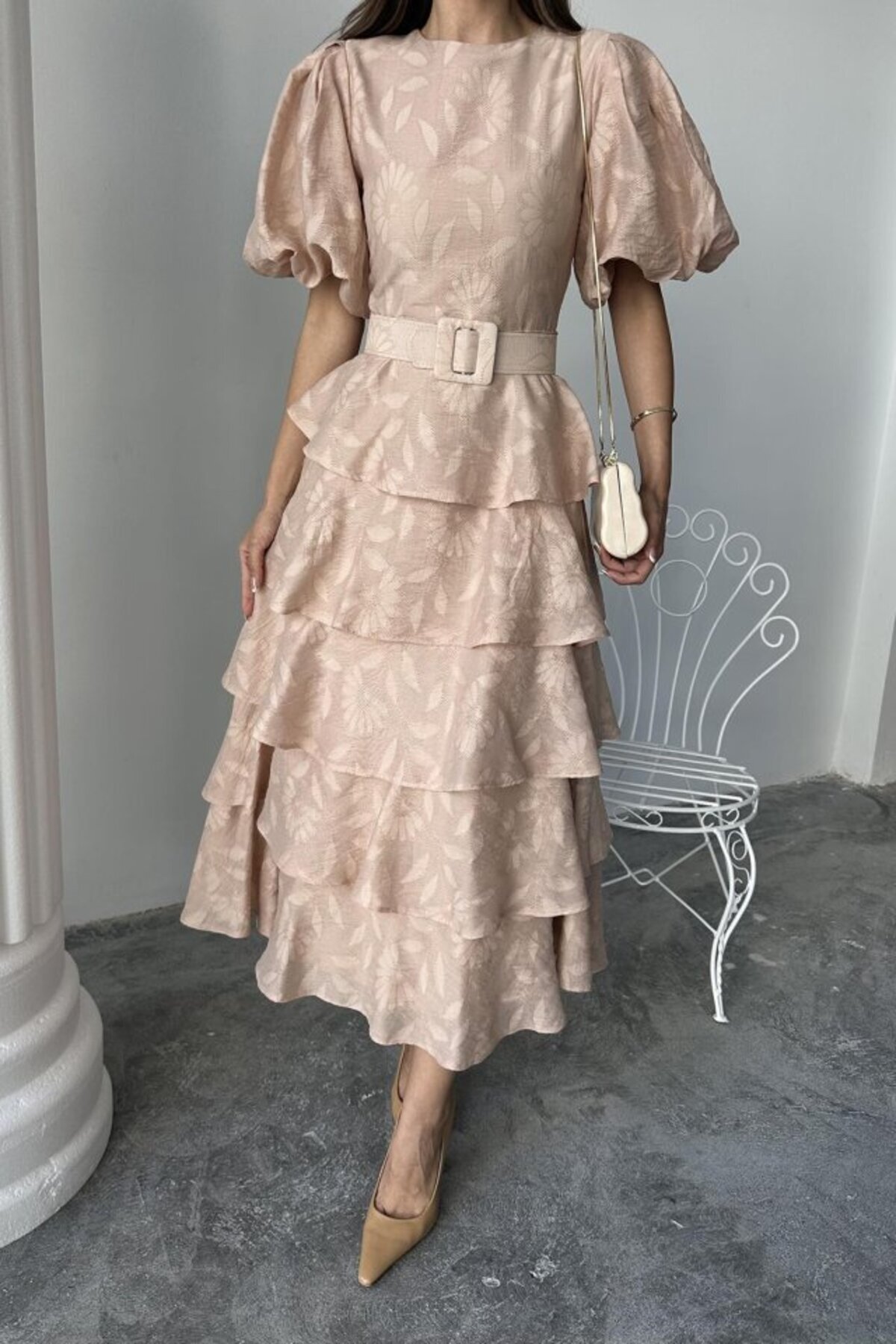 modaserdem-Beige Layered Balloon Sleeve Belted Dress 2