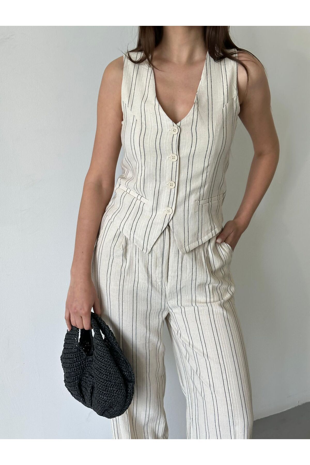 FEMMESTUDIO-Women's Cream Striped Vest Pants Set 7