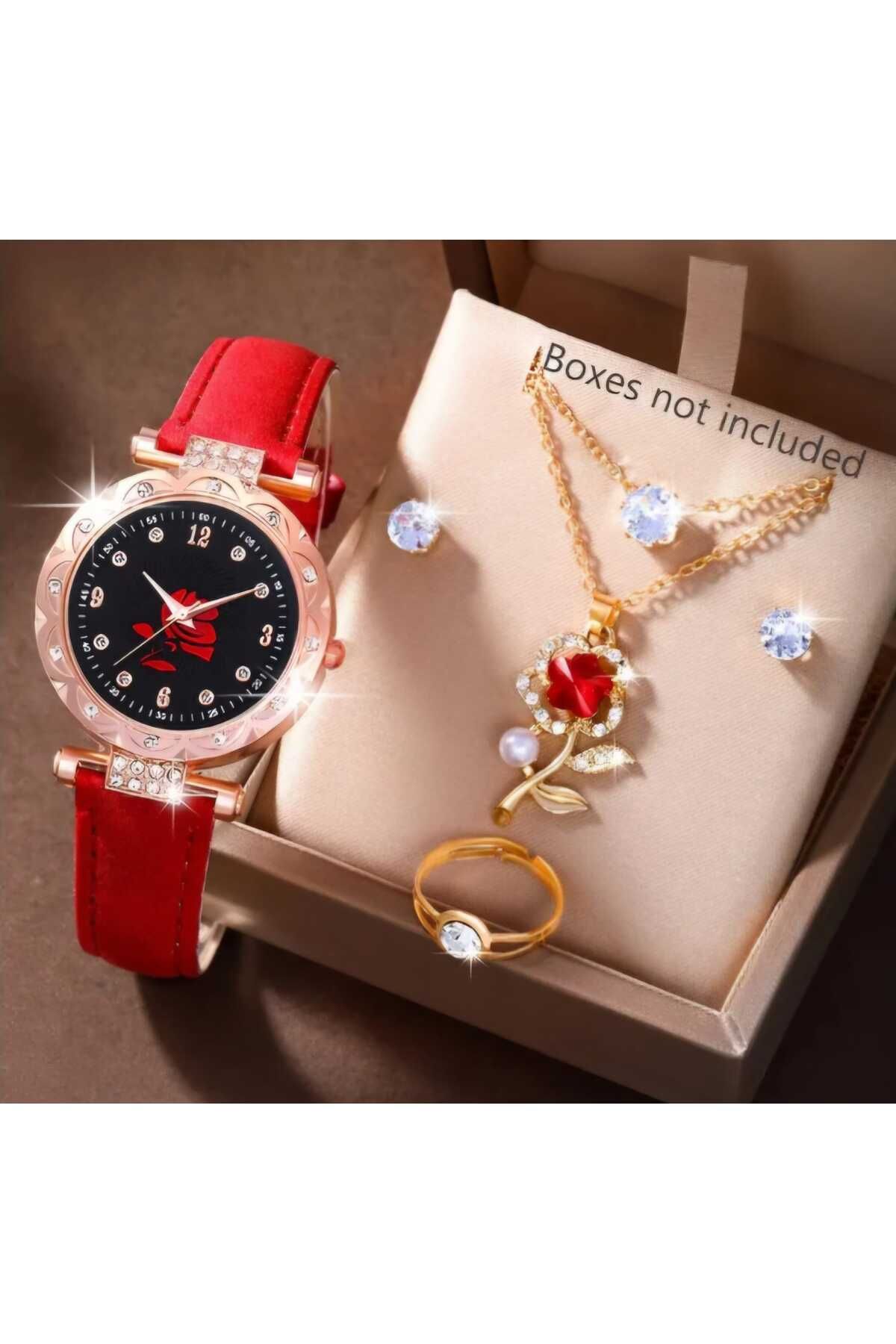 Ivory Pearl kırmızı gül tasarımlı 5li saat&takı seti