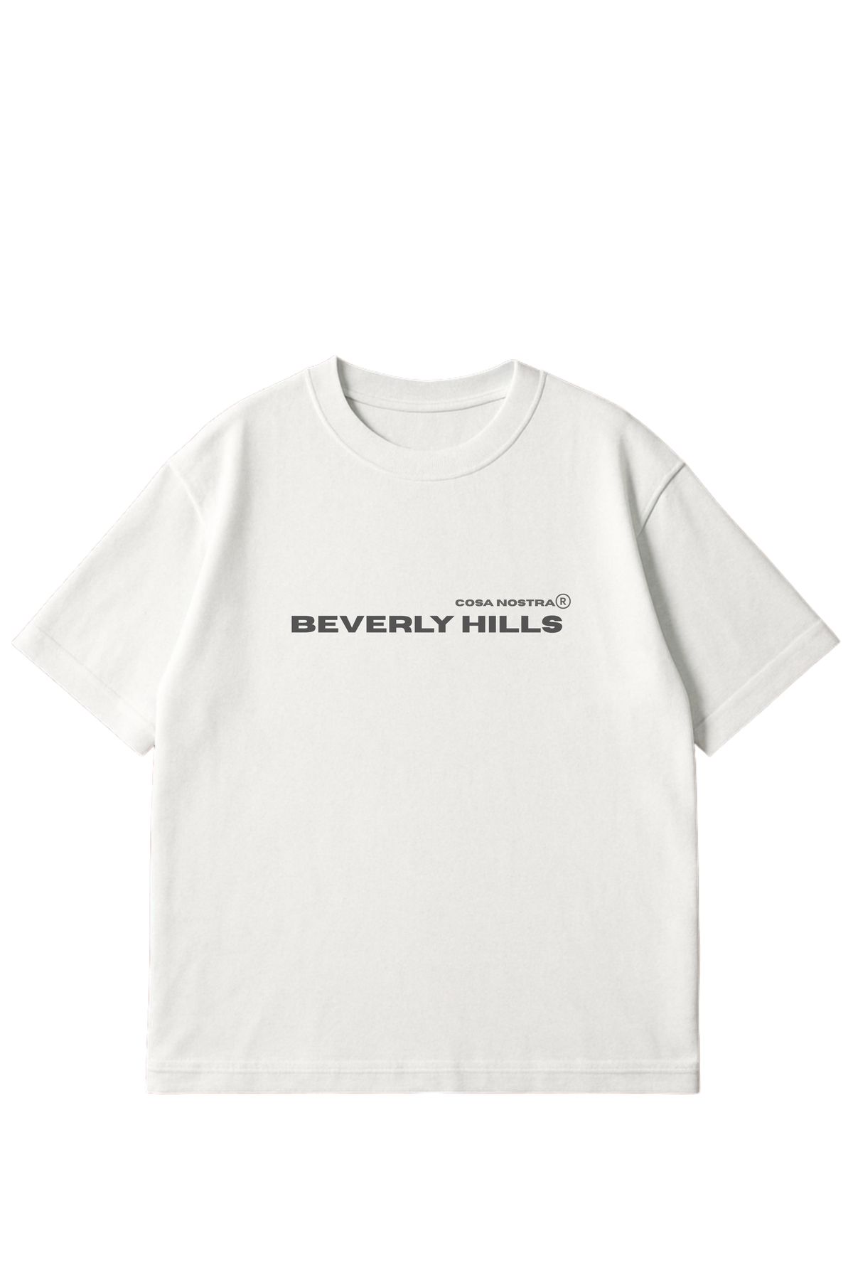 COSA NOSTRA Gri Beverly Hills Yazılı Unisex Oversize Tişört Beyaz %100 Pamuk 24/1 Süprem Kumaş