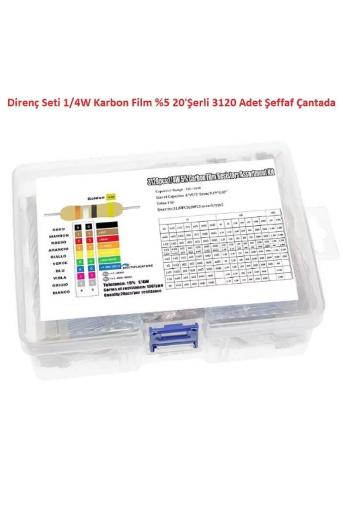 Arduino Direnç Seti 1/4W Karbon Film %5 20'Şerli 3120 Adet 156 Çeşit Şeffaf Çantada