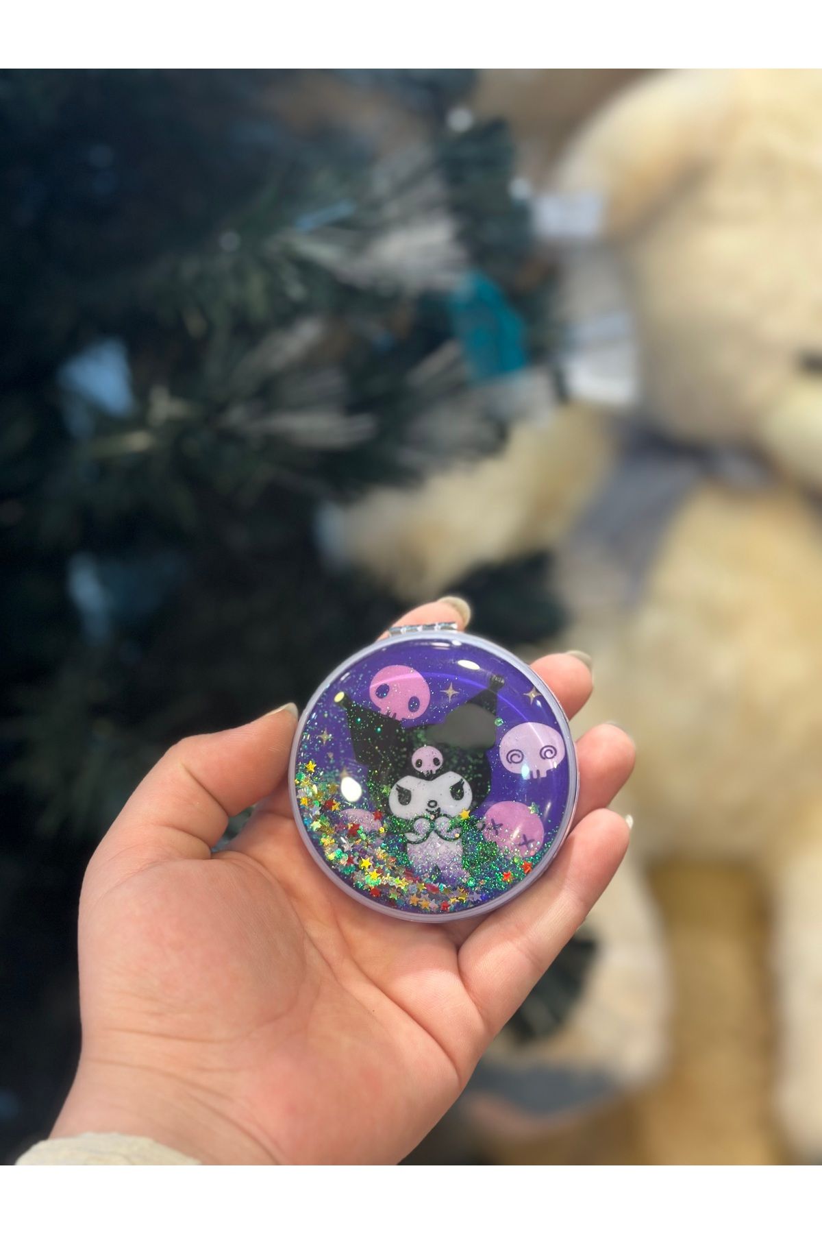 happystoretr Kuromi tasarımlı simli sulu kozmetik cep çanta aynası kapaklı el makyaj aynası