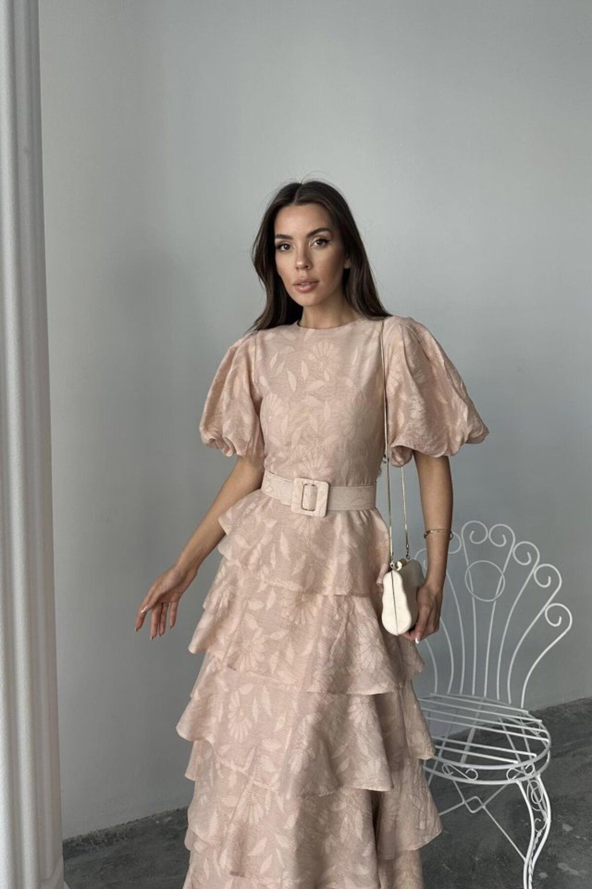 munn collection Bej Kat Kat Balon Kollu Kemerli Elbise