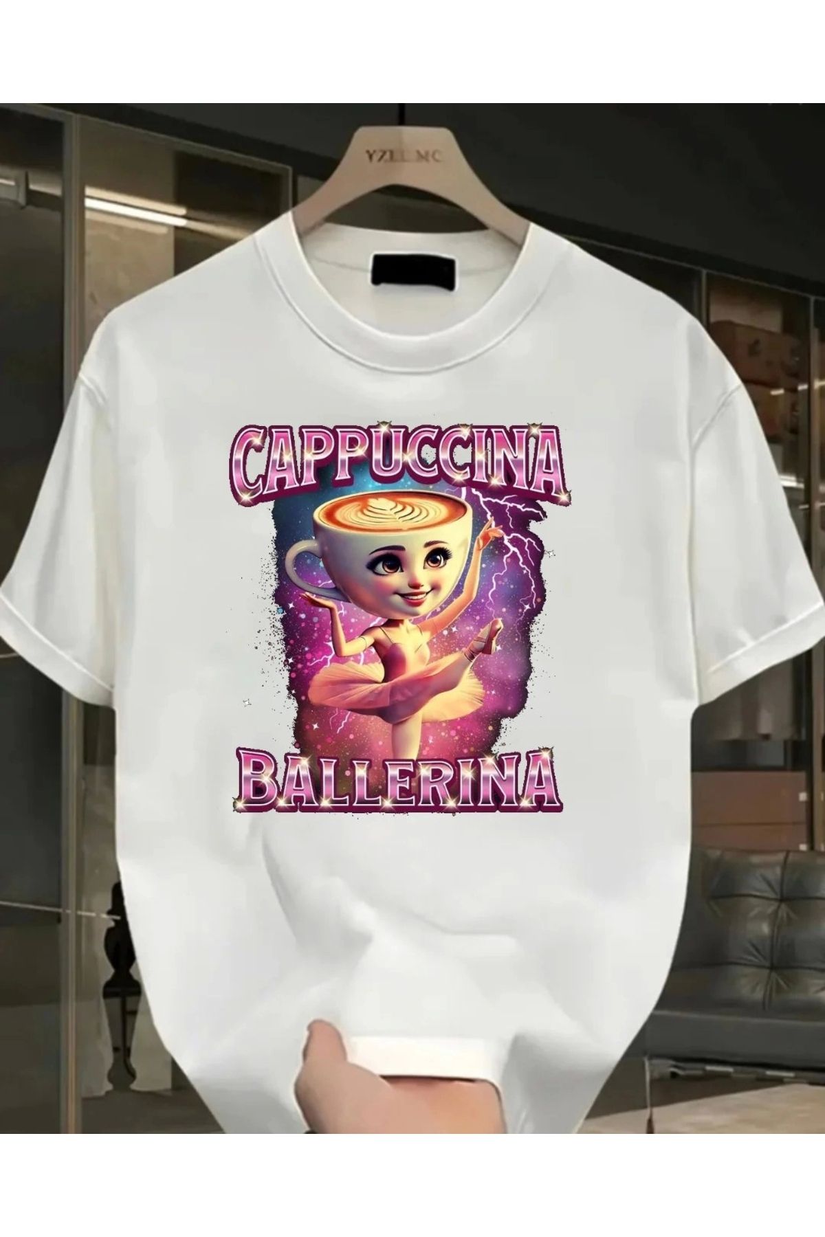 1blood Beyaz Cappuccino Ballerina Baskılı Yıkamalı Vintage Unisex Oversize T-Shirt