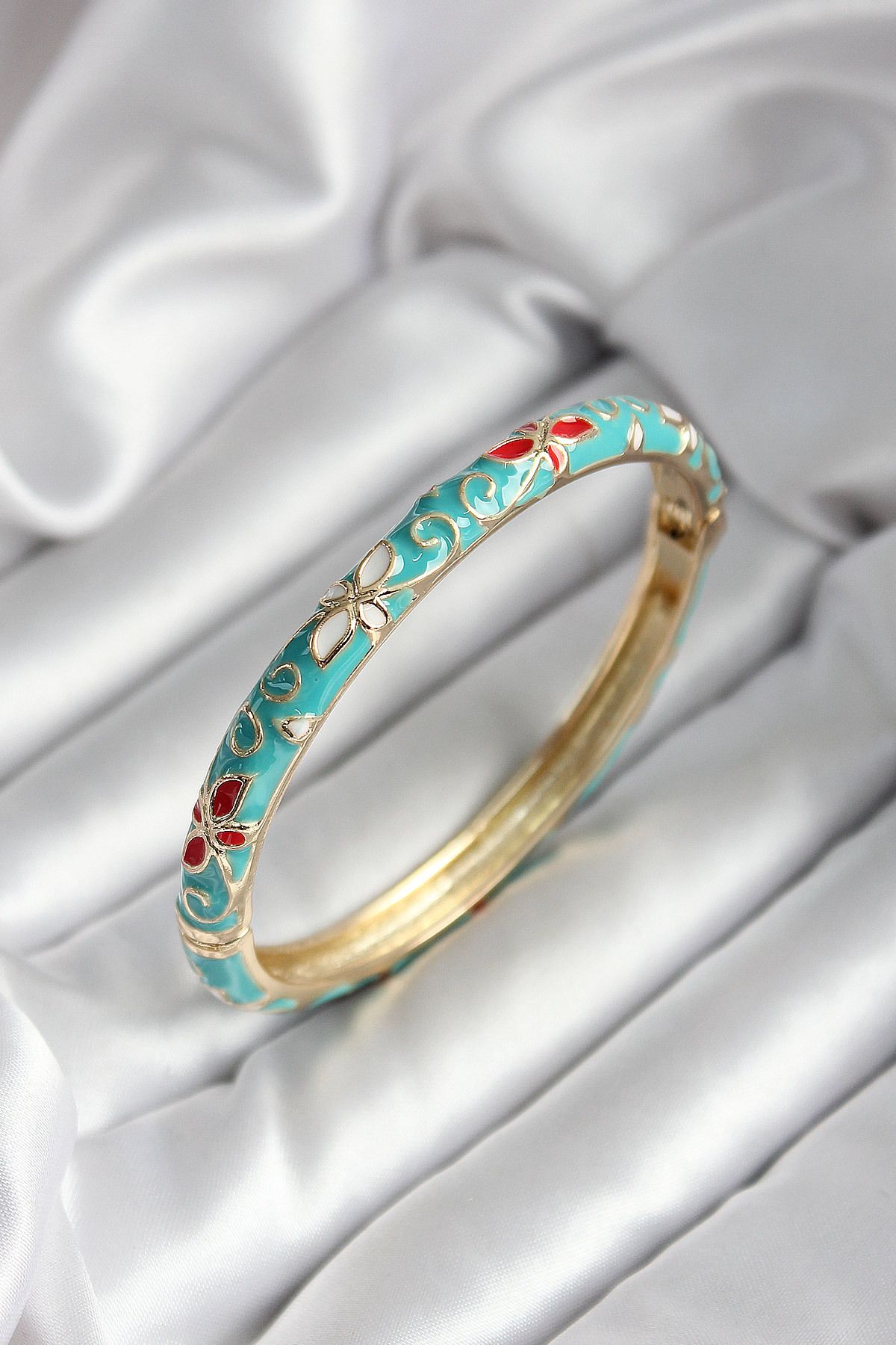 Goşenefmafe Mineli Pirinç Turkuaz Çiçek Desenli Gold Renk Kadın Kelepçe (çap 60 mm)