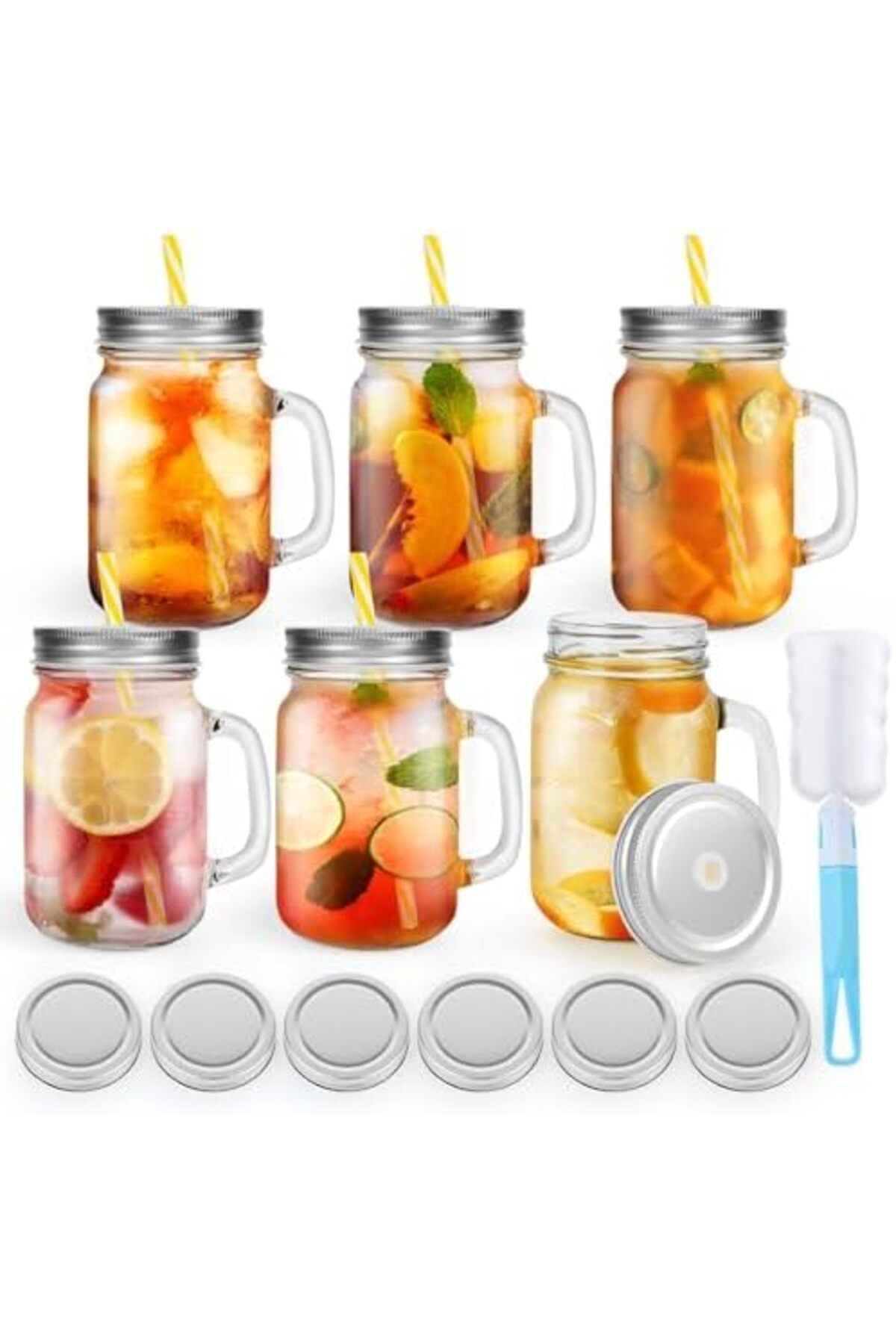 Generic-16oz Glass Mason Jar Set of 6 with Lids and Straws - Mason Jars with Handles for Cold Drinks 2