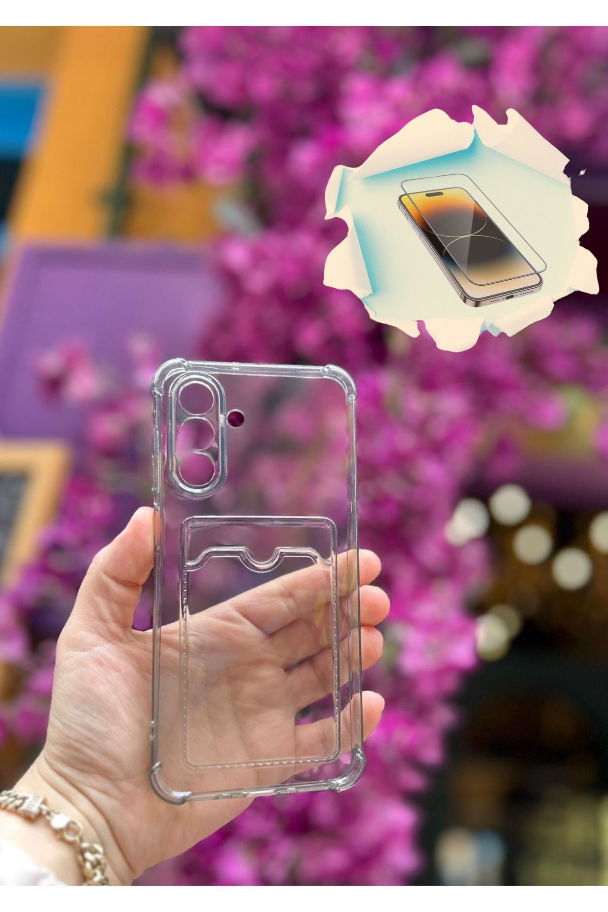 CNL Samsung Galaxy A26 Uyumlu Kamera Korumalı Kartlıklı Darbe Emici Şeffaf Kılıf - Kırılmaz Cam Hediyeli