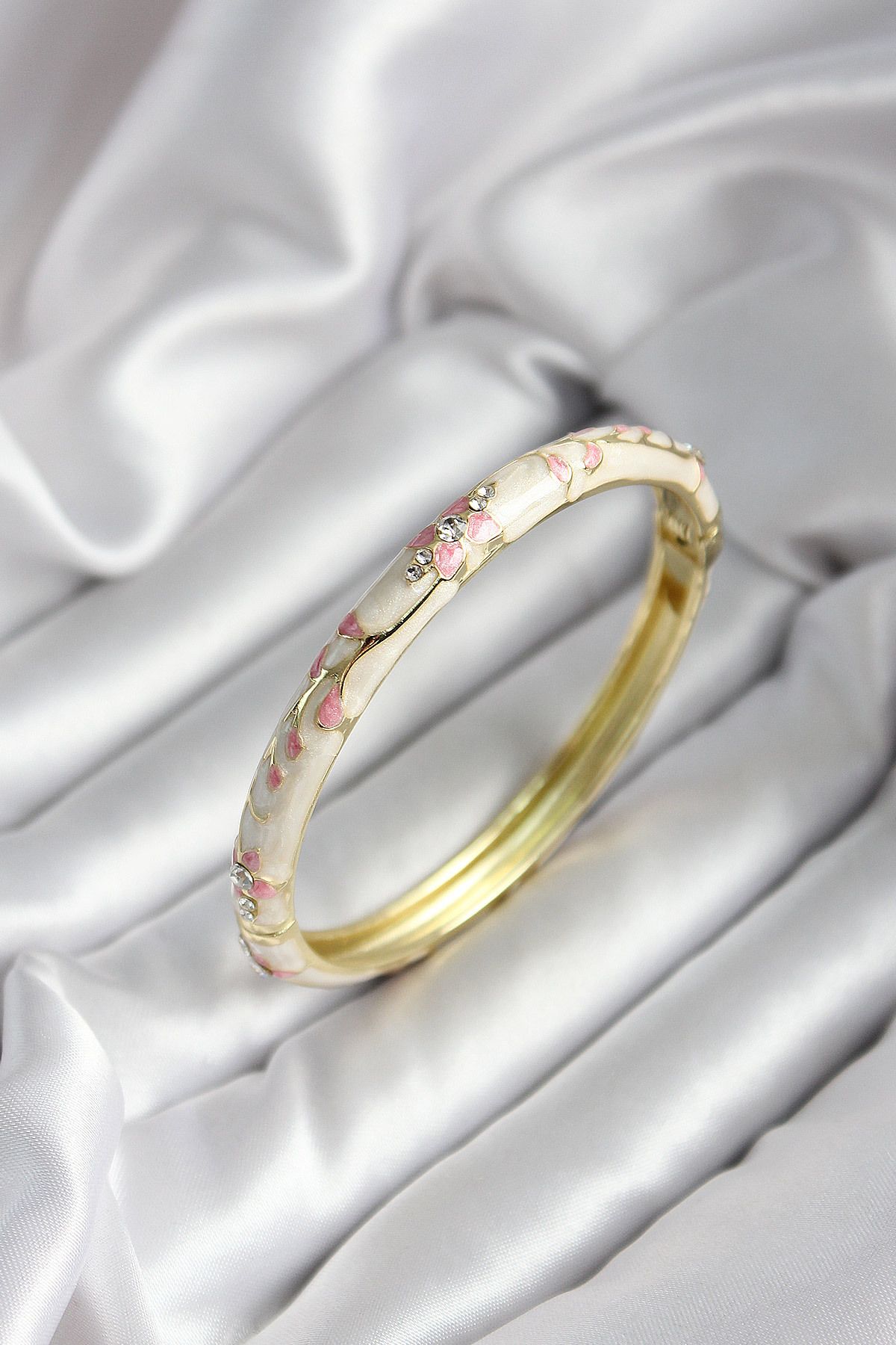 Goşenefmafe Mineli Pirinç Bej Çiçek Desenli Zirkon Taşlı Gold Renk Kadın Kelepçe (çap 60 mm)