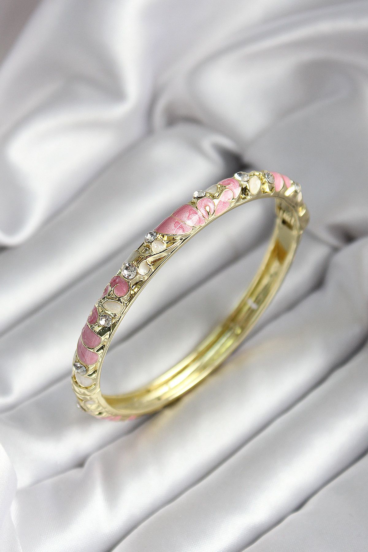 Goşenefmafe Mineli Pirinç Pembe Çiçek Desenli Zirkon Taşlı Gold Renk Kadın Kelepçe