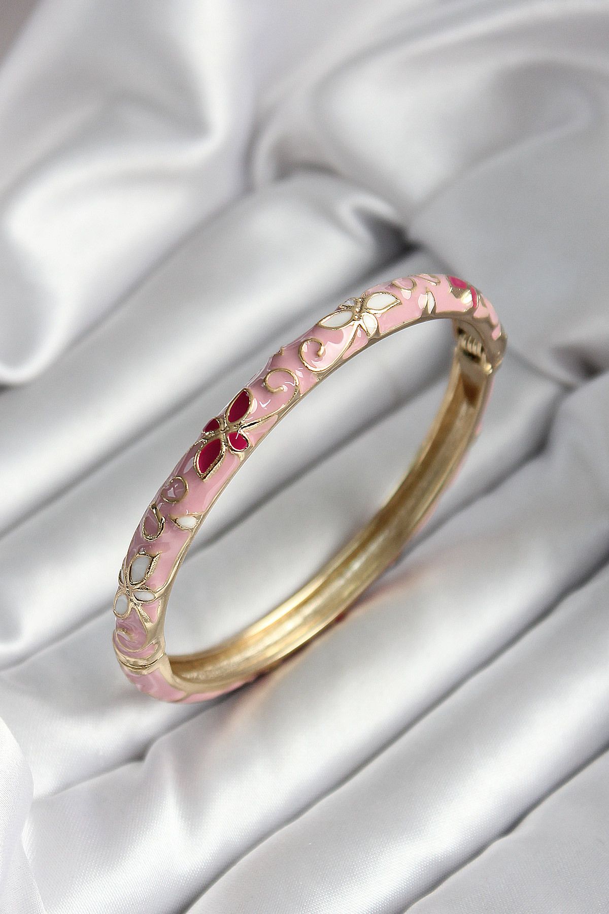 Goşenefmafe Mineli Pirinç Pembe Çiçek Desenli Gold Renk Kadın Kelepçe