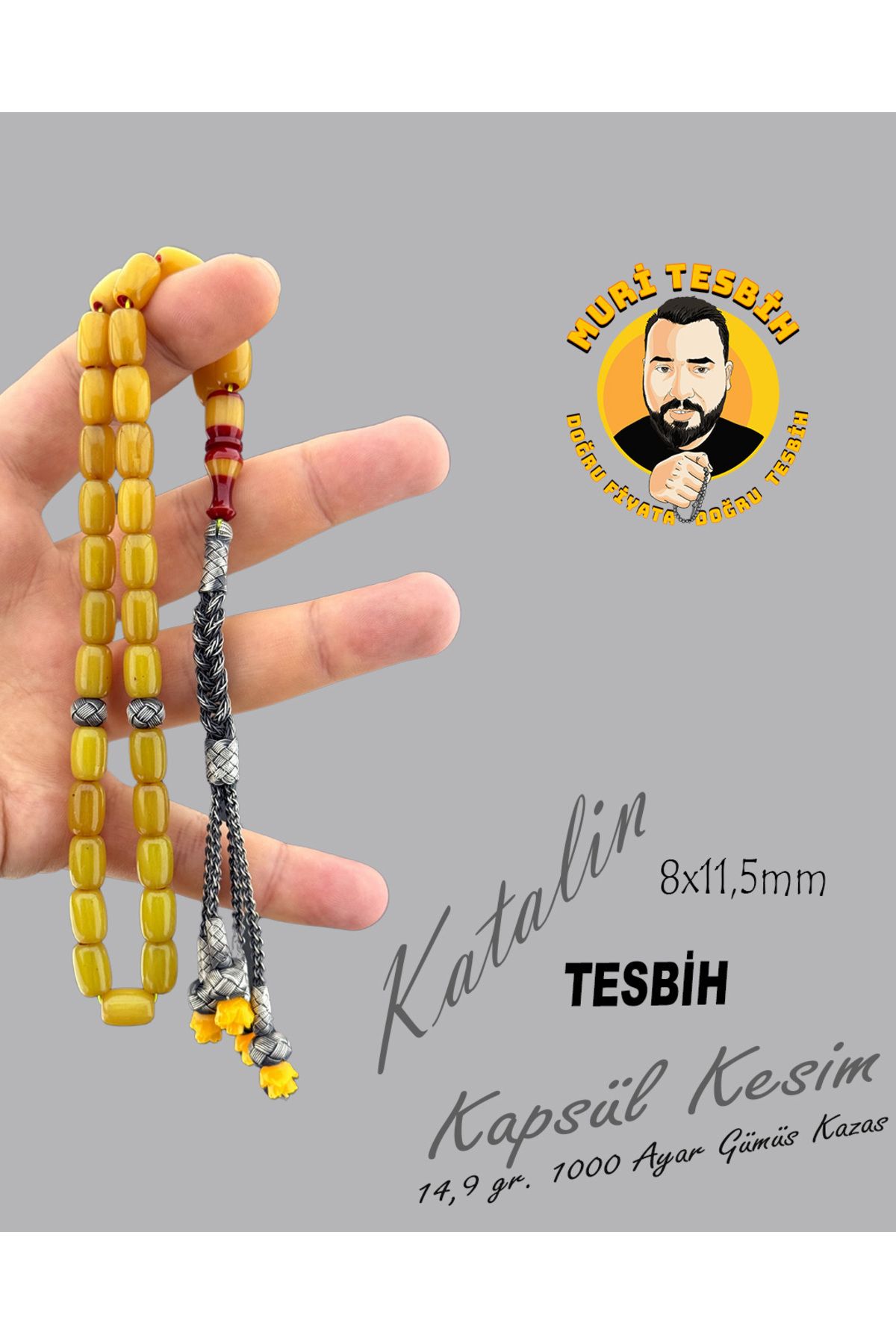 muri tesbih 14,9 GR 1000 AYAR GÜMÜŞ KAZAS KATALİN KAPSÜL KESİM 8X11,50