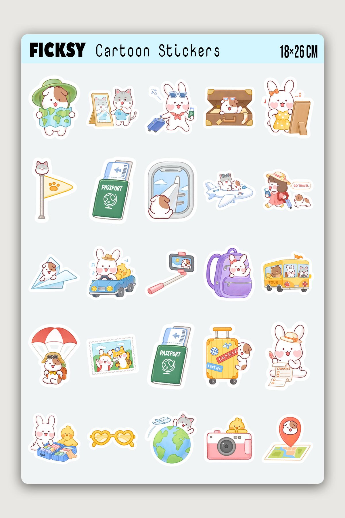 Ficksy Sevimli Seyahat Temalı Sticker Seti - 25 Adet Travel Gezi Etiket Çıkartma