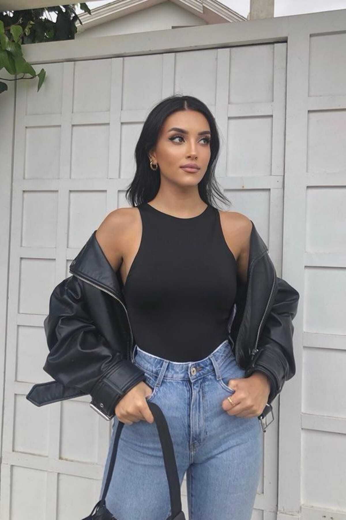 thesunfyre Kadın Halter Yaka Dikişsiz Bodysuit Zıbın Çıtçıtlı Body Full Likra Bisiklet Yaka Body