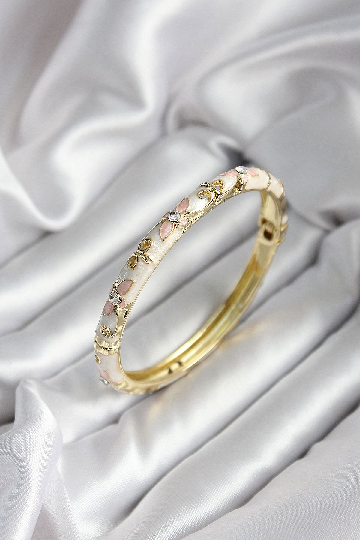 Goşenefmafe Mineli Pirinç Çiçek Desenli Zirkon Taşlı Gold Renk Kadın Kelepçe (çap 60 mm)