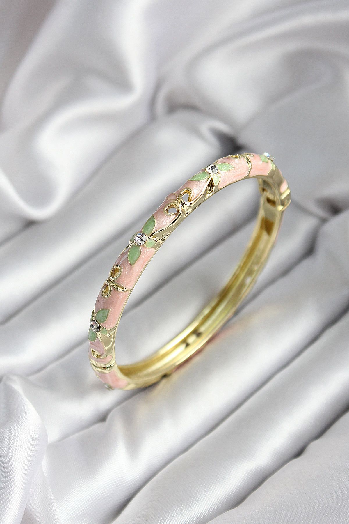 Goşenefmafe Mineli Pirinç Pembe Çiçek Desenli Zirkon Taşlı Gold Renk Kadın Kelepçe