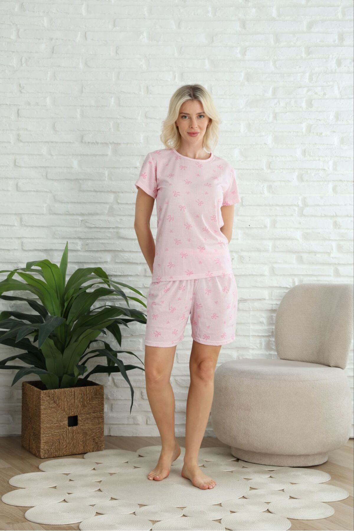 PİJART-Pink Bow Patterned Shorts Knitted Pajama Set 3