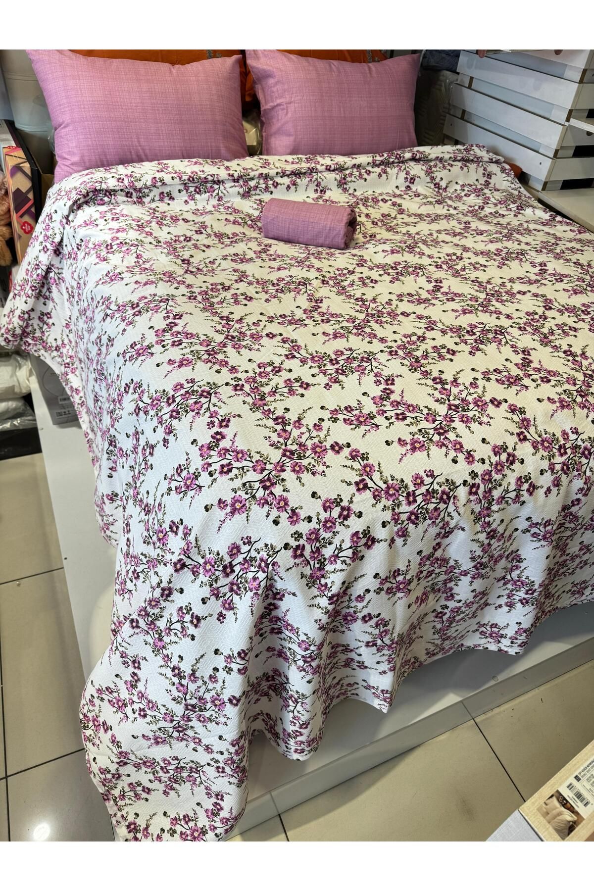 ŞENER HOME-Plum Branch Patterned Sheet Elastic Double Pique Set 2