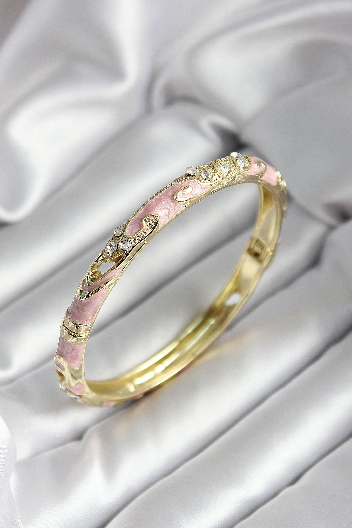 Goşenefmafe Mineli Pirinç Pembe Çiçek Desenli Gold Renk Kadın Kelepçe