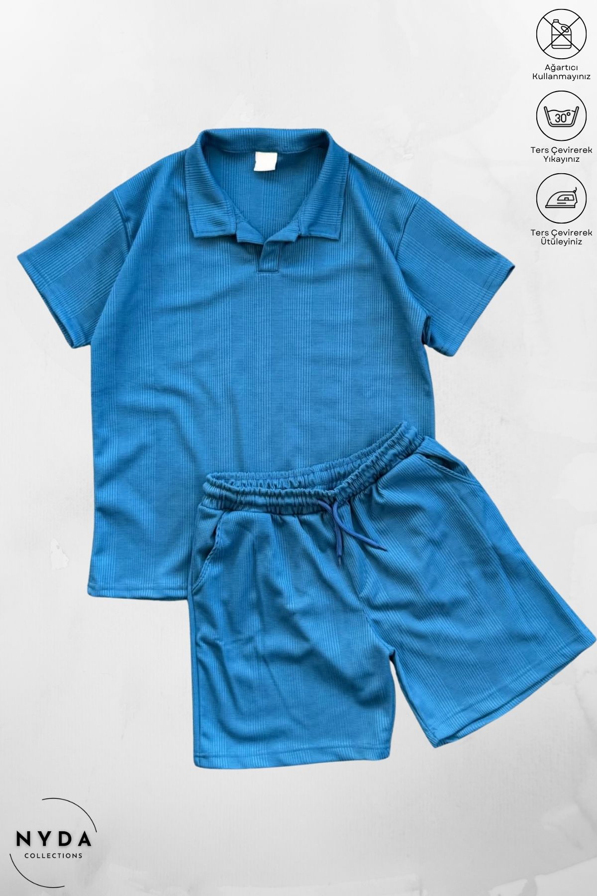 Nyda Collections Pamuklu Petek Kumaş Desenli Erkek Kadın Unisex Polo Yaka T-Shirt ve Şort Takım 2'li Set