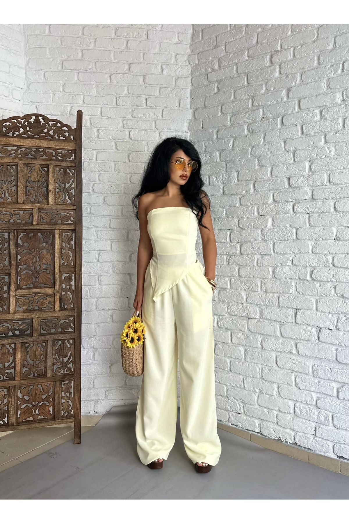 moneta boutique Kadın Asimetrik Straplez Bluz Ve Pantolon Keten Takım