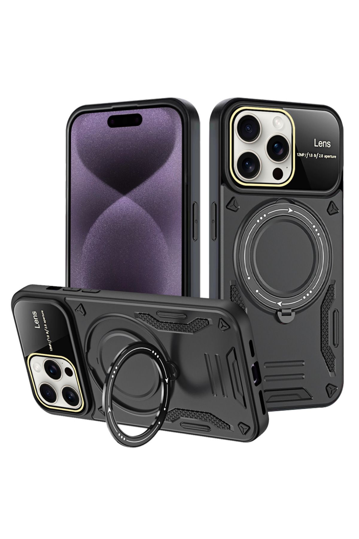 Rivor Apple iPhone 16 Pro Uyumlu Kılıf Kamera Lens Korumalı Magsafe Destekli Manyetik Halka Standlı Kapak