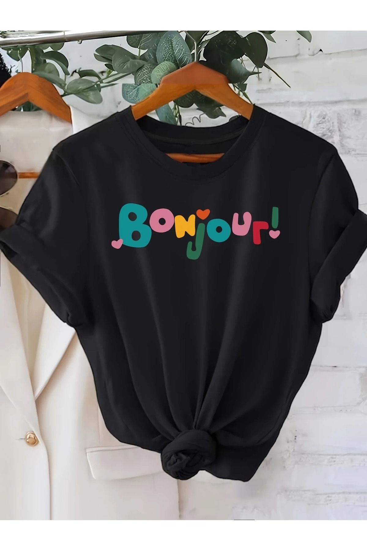 PALPİTO Kadın Siyah Renkli Bonjour Baskılı Oversize T-Shirt
