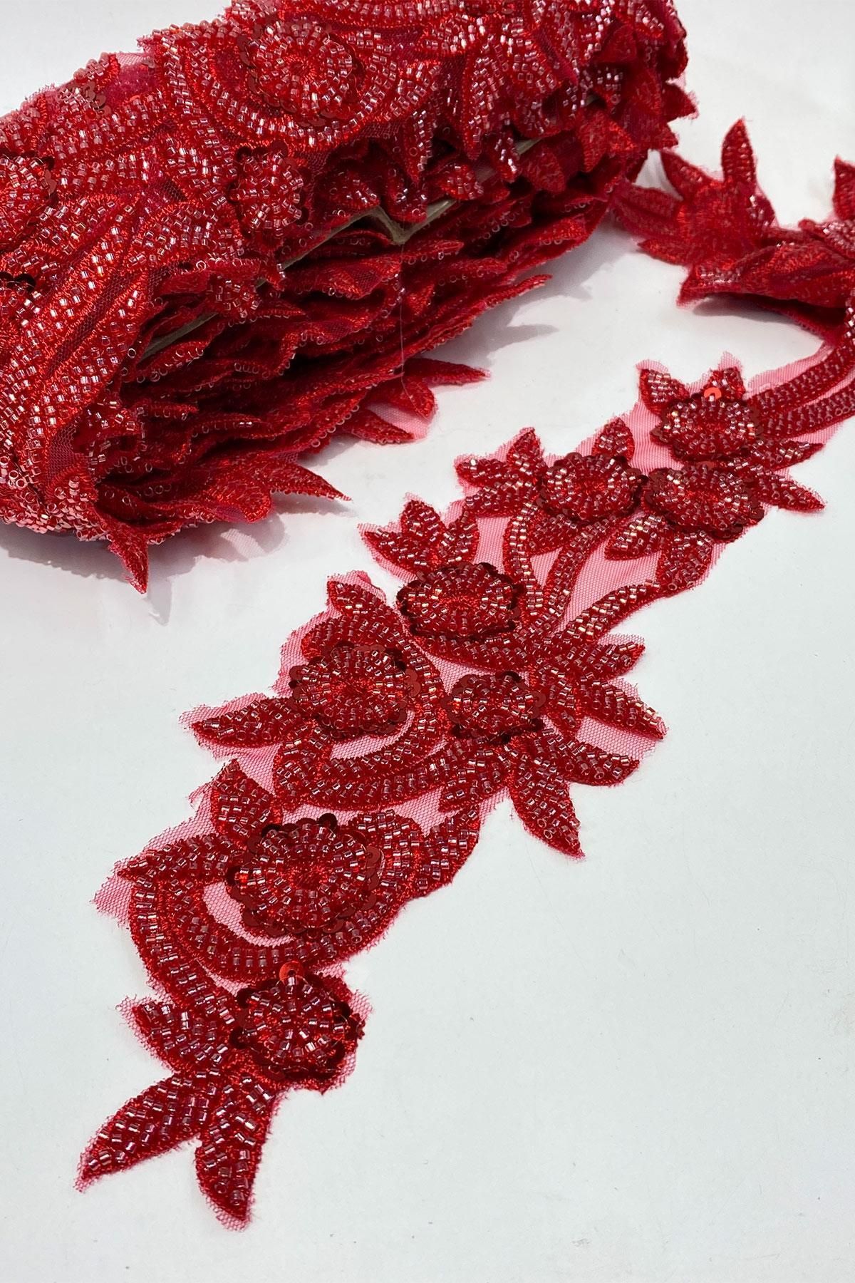 Limelia-Red Bead Embroidered Flower Pattern Wide Ribbon Applique 1 Meter 4