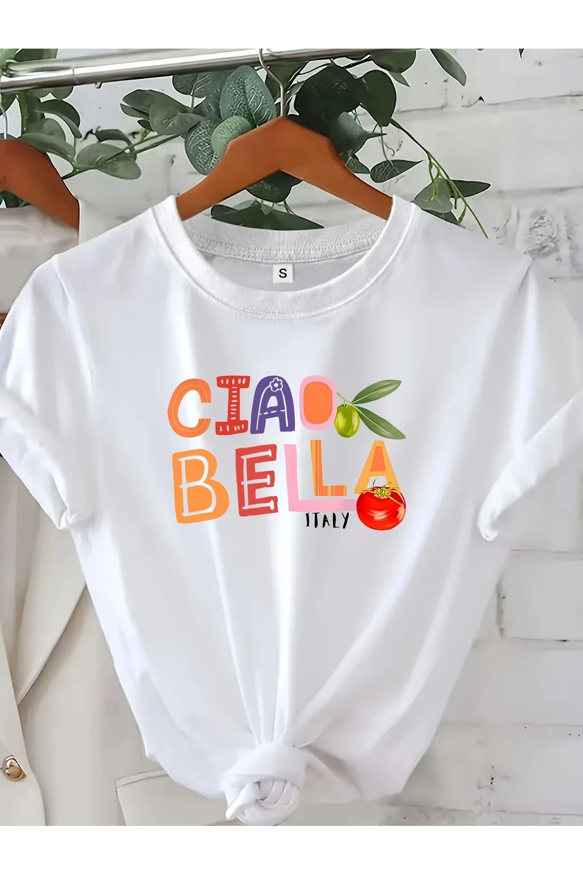 PALPİTO Kadın Beyaz Ciao Bella Baskılı Oversize T-Shirt