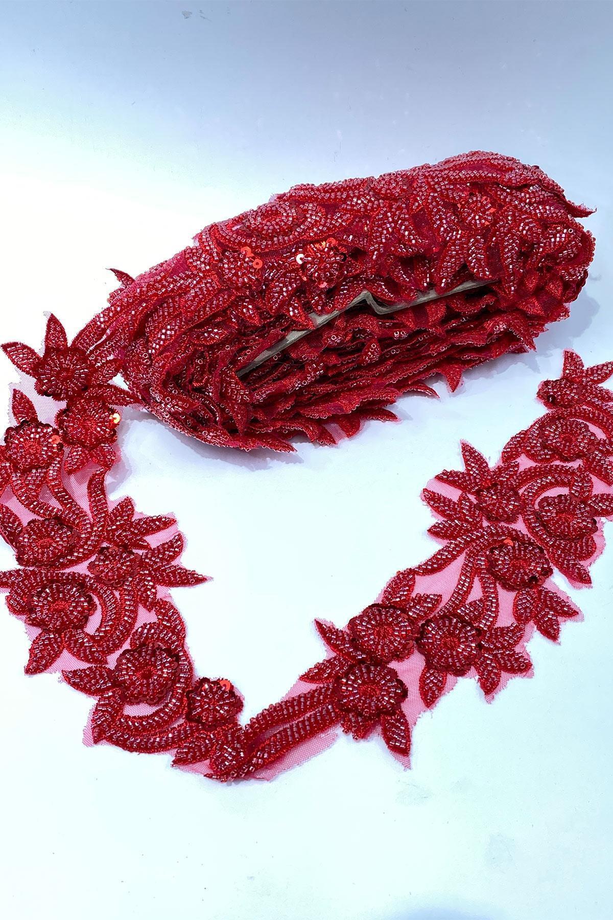 Limelia-Red Bead Embroidered Flower Pattern Wide Ribbon Applique 1 Meter 6