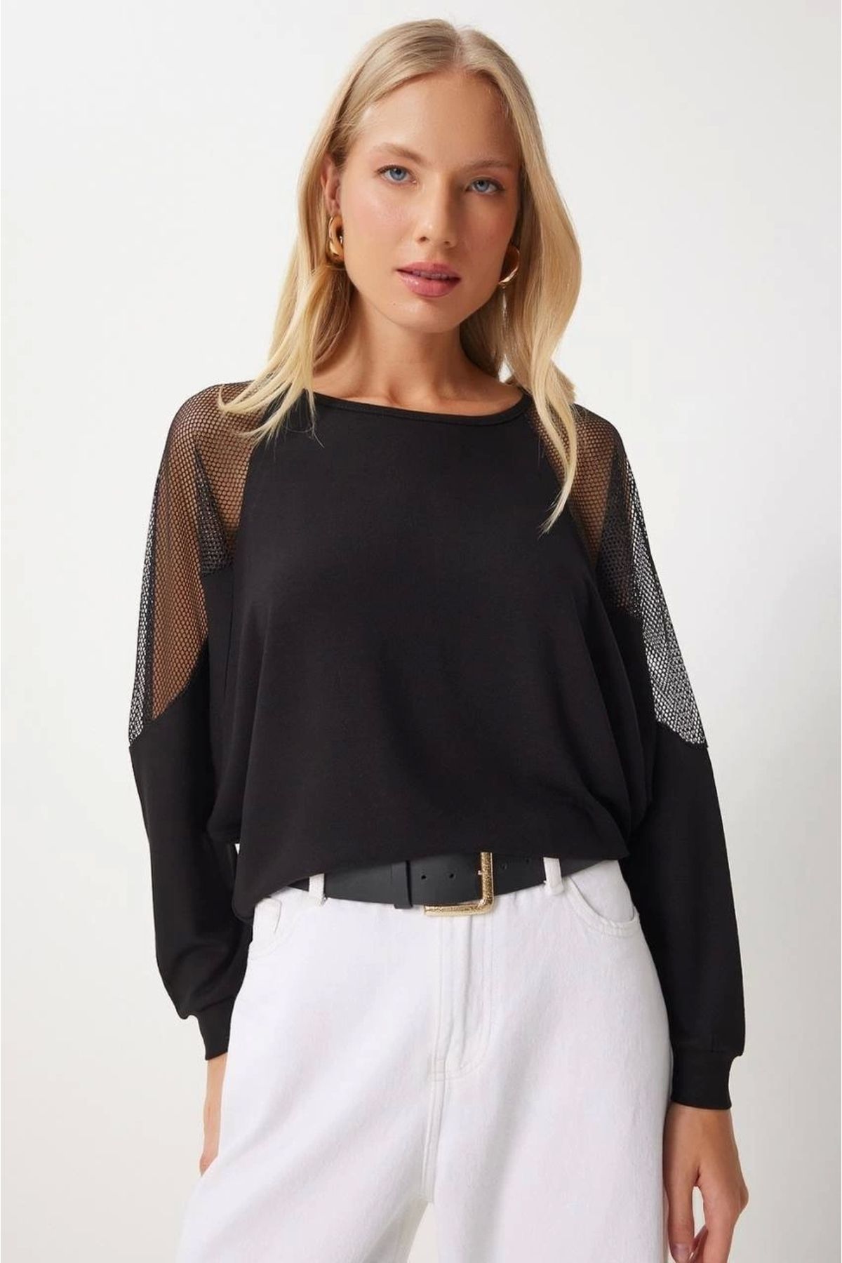 Butik Kadın Pamuklu Kumaş Kolları Fileli Bluz