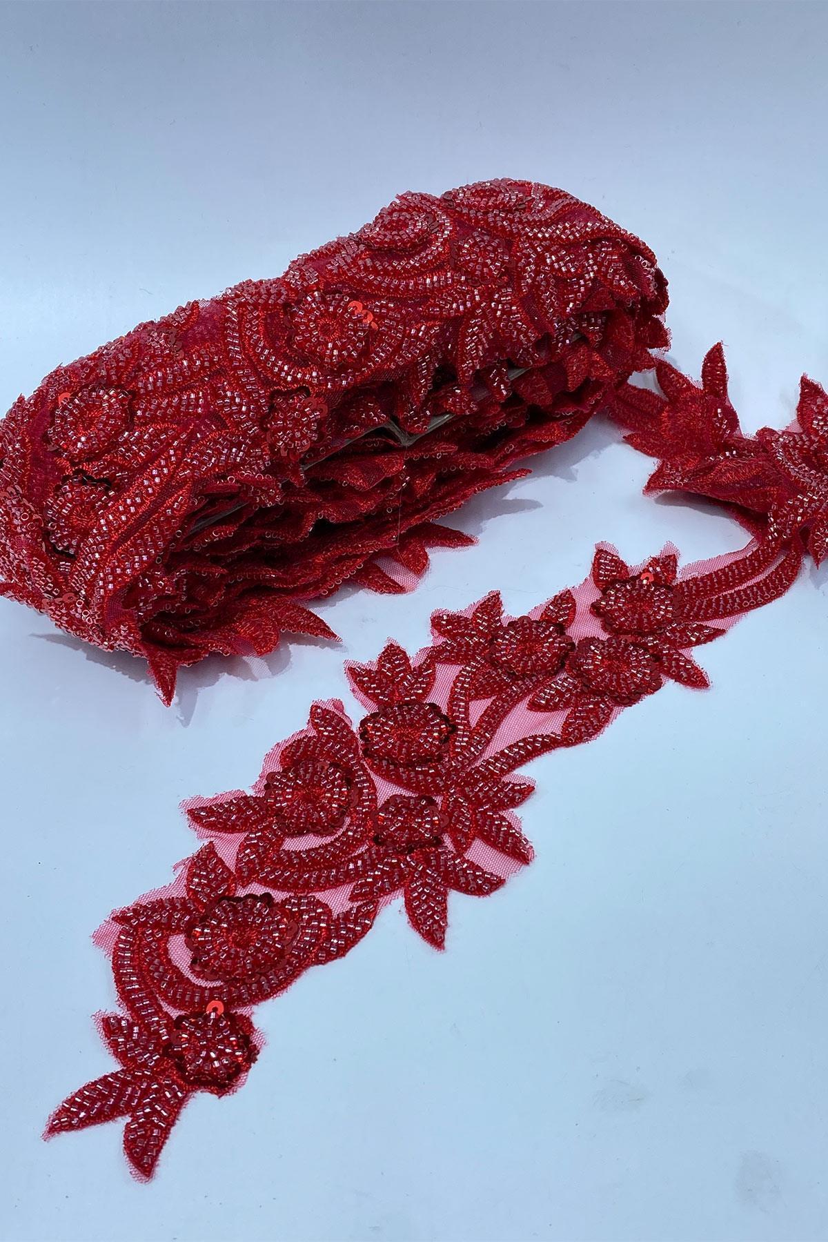 Limelia-Red Bead Embroidered Flower Pattern Wide Ribbon Applique 1 Meter 3