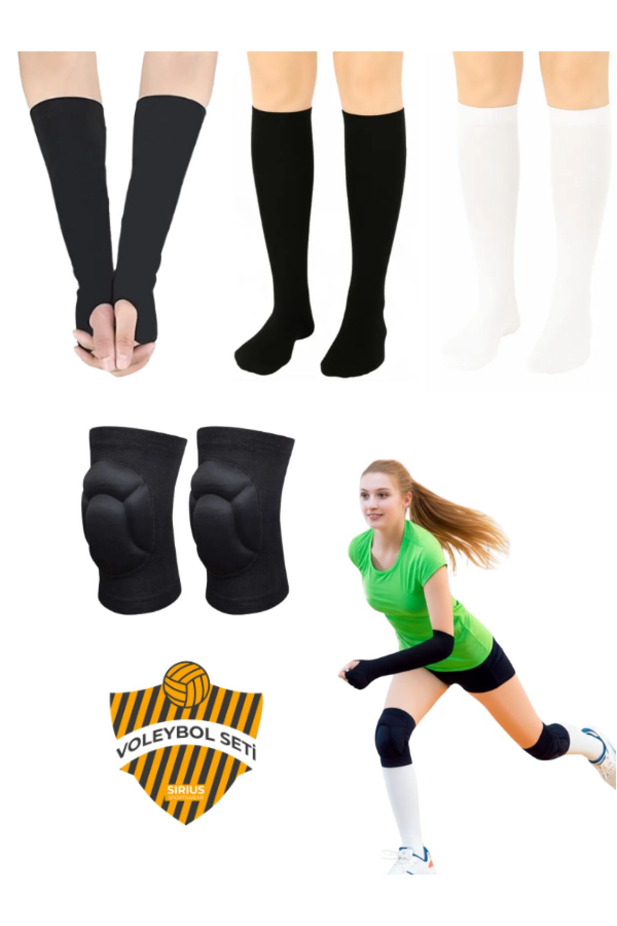 Bellanora Profesyonel Voleybol Seti - Voleybol Dizlik, Kolluk ve Siyah&Beyaz Kaydırmaz Çorap Spor Aksesuarları