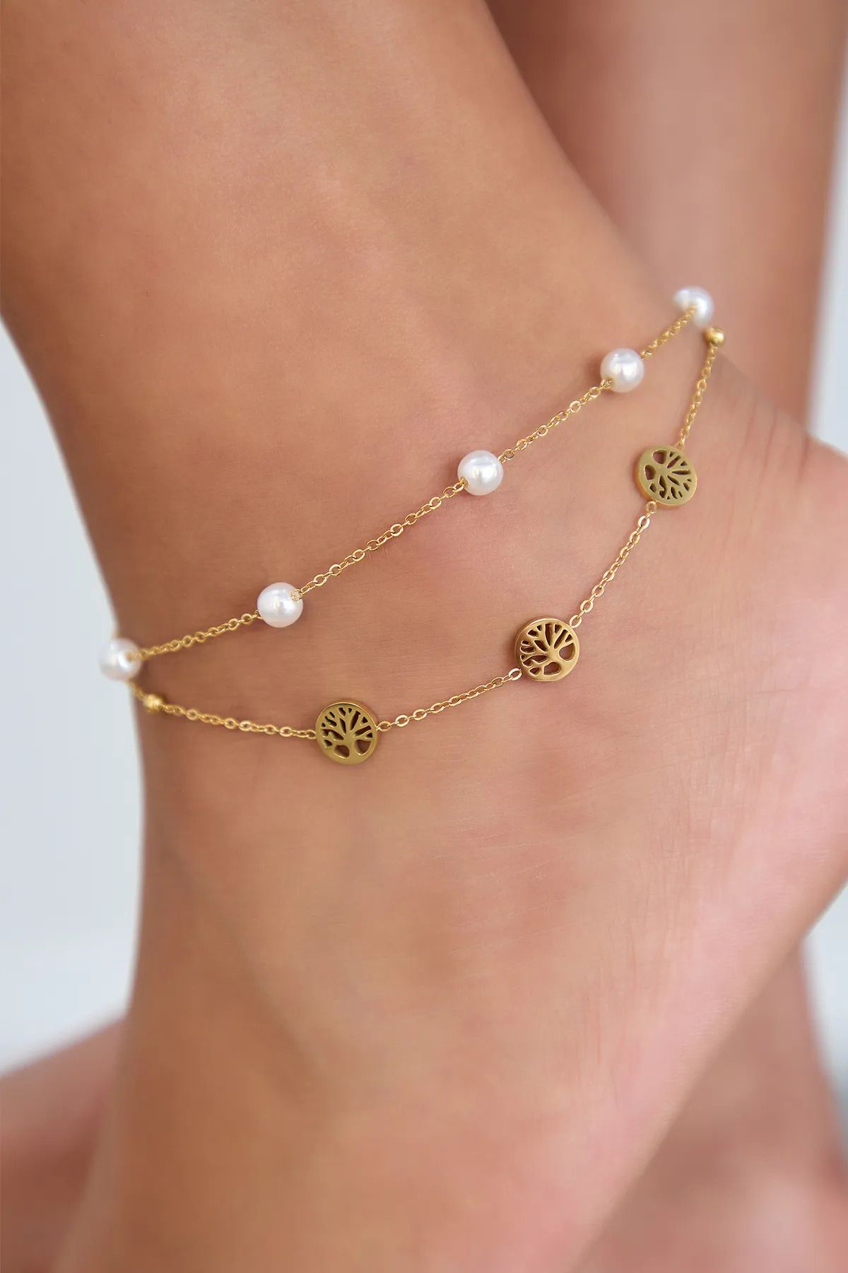 LAVİNYAMJEWELLERY Kadın Çift Zincirli 3 Hayat Ağacı Figürlü İnci Boncuk Sıralı Model Altın Kaplama Çelik Halhal Takı