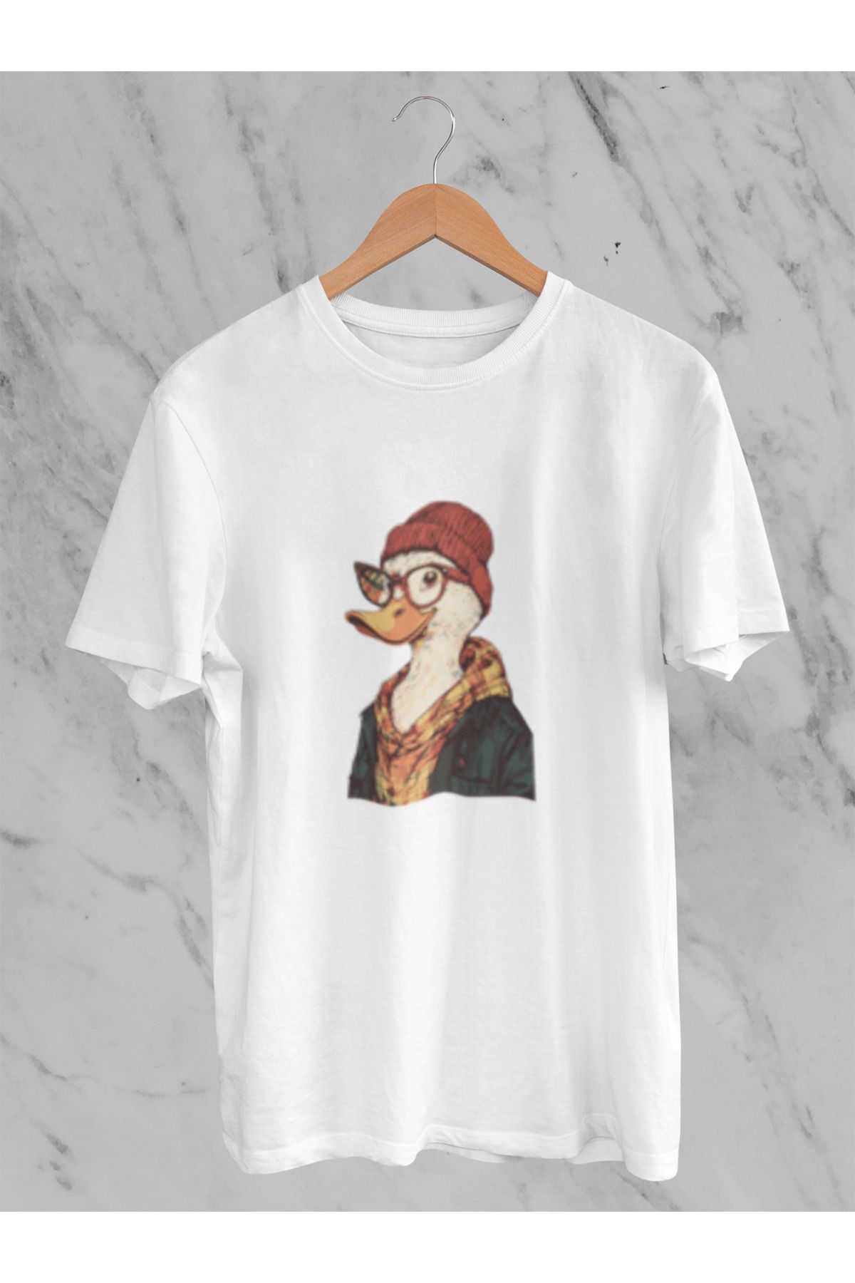 MG ÖRDEK BASKILI UNISEX BİSİKLET YAKA PAMUKLU OVERSIZE KALIP KISA KOLLU T-SHIRT