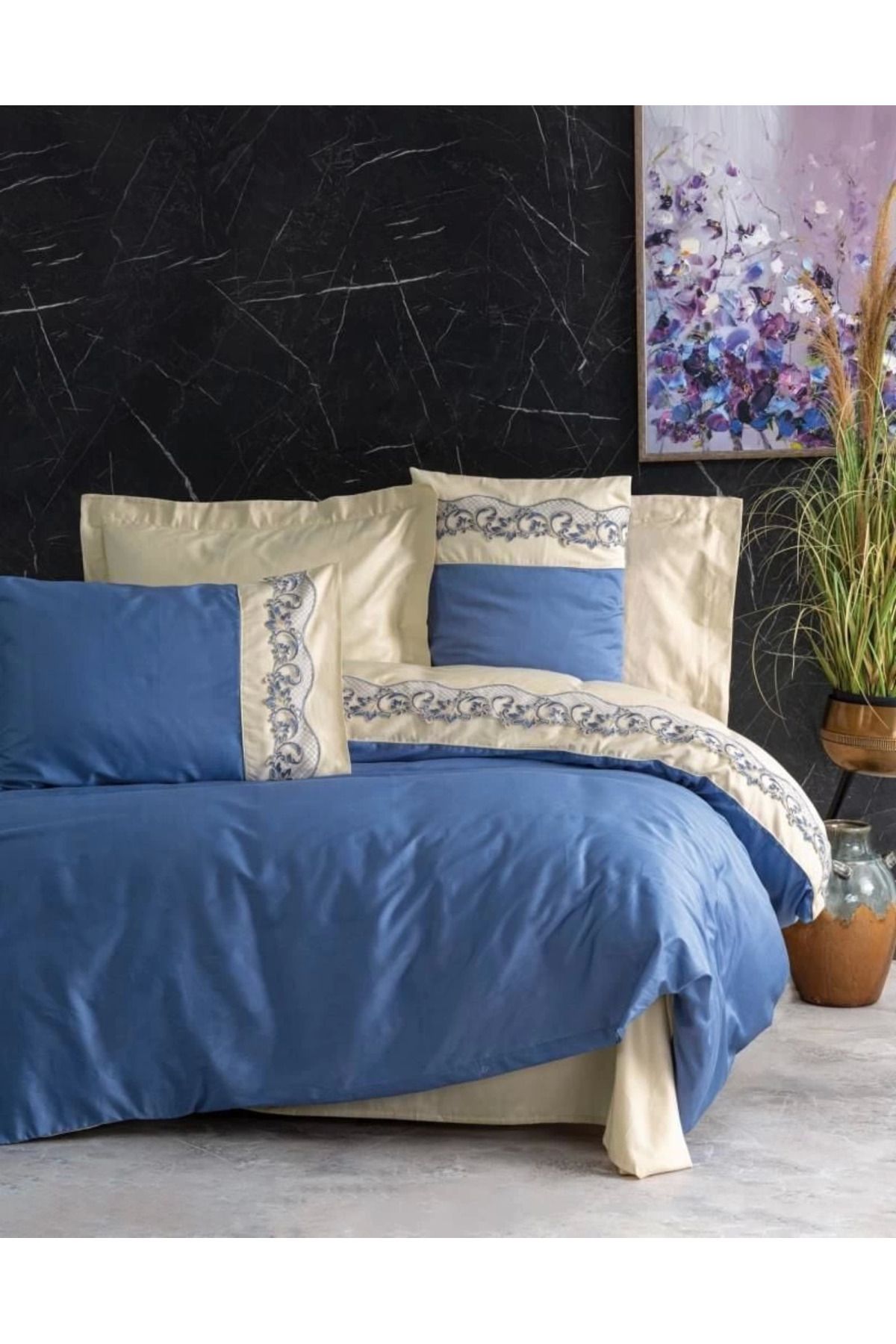ÖYKÜ VE YİĞİT Cotton Box Brode Nakışlı Çift Kişilik Saten Nevresim Takımı Amaya Bej