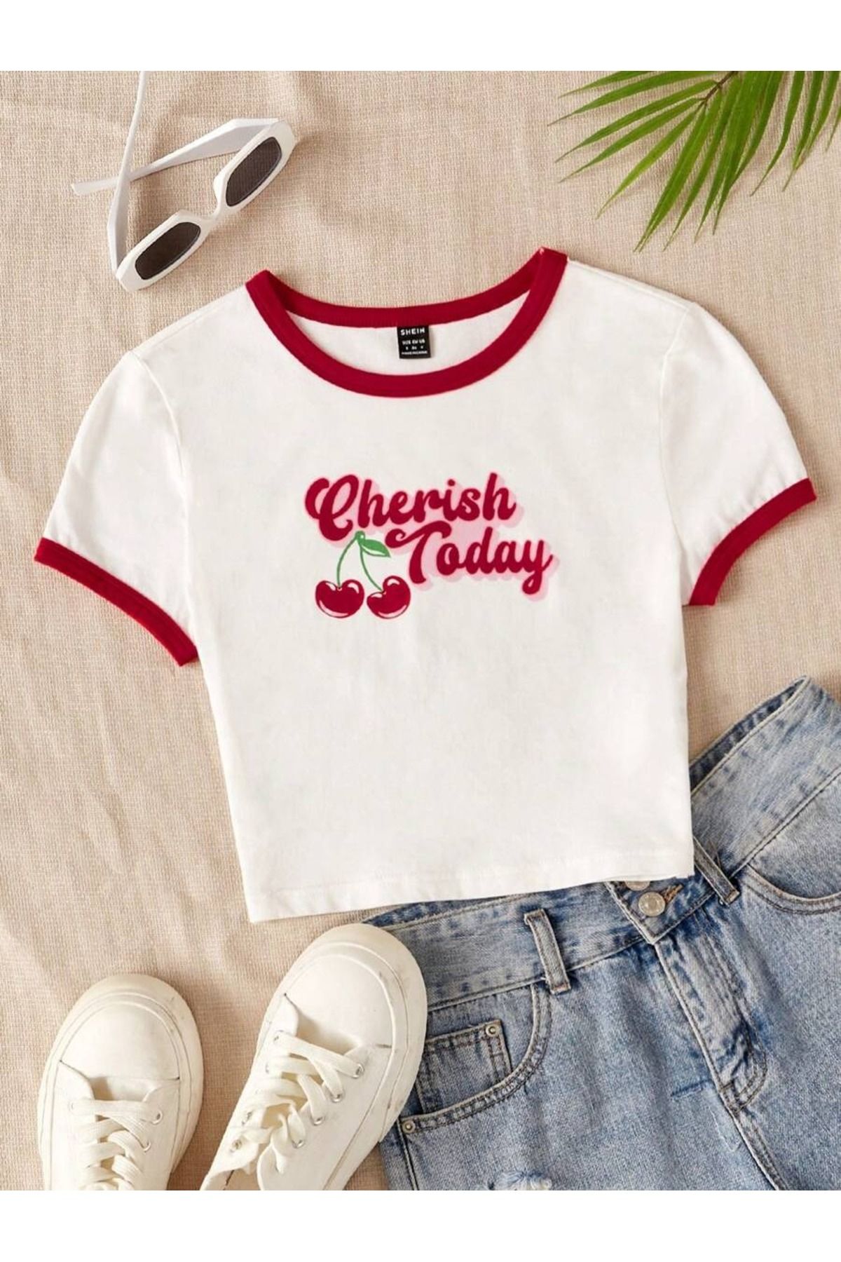 PALPİTO Kadın Beyaz Cherish Today Baskılı Bisiklet Yaka Kol Detaylı Dar Crop Tshirt