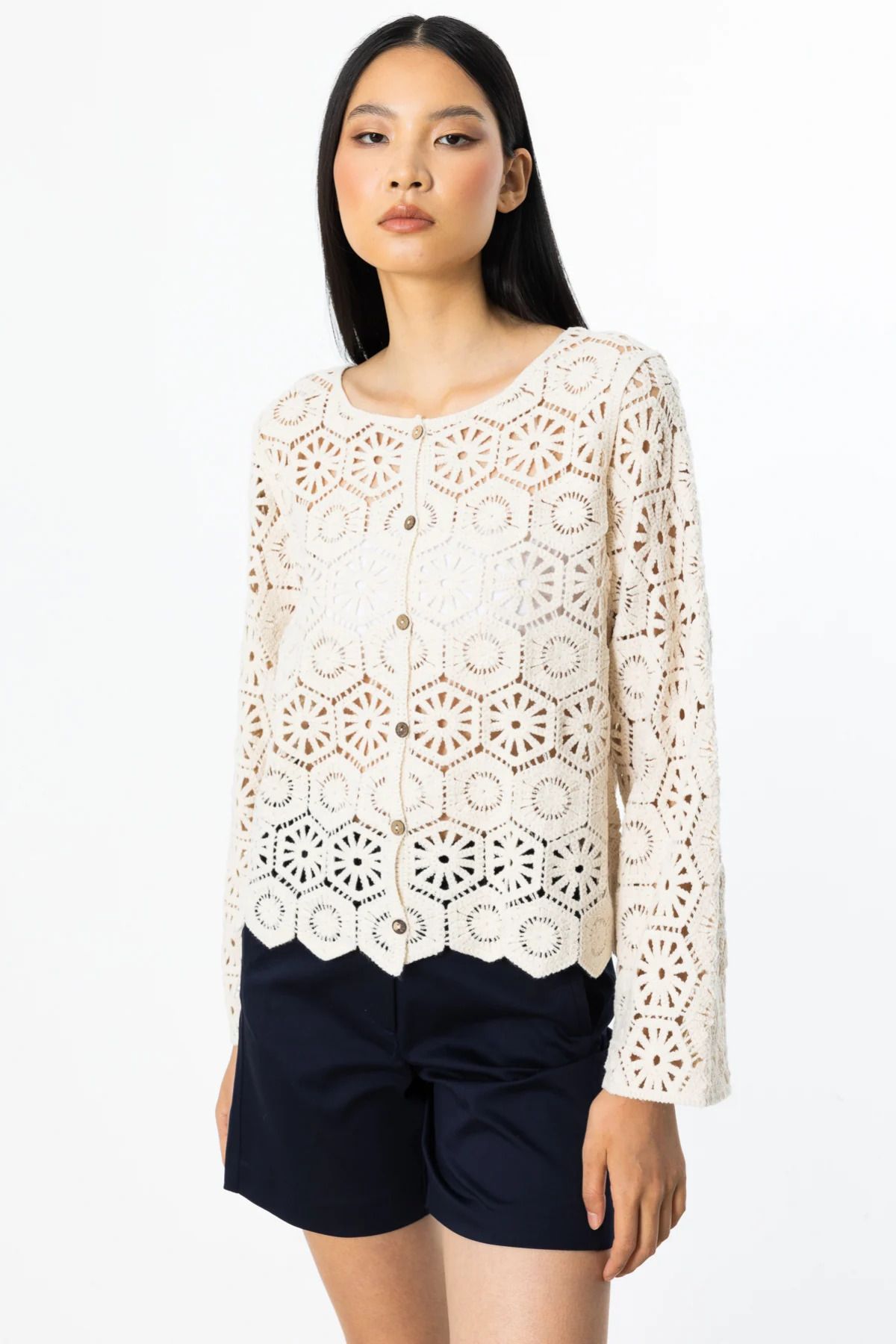 On Fashion On Dantelli Örme Hırka Krem-56932