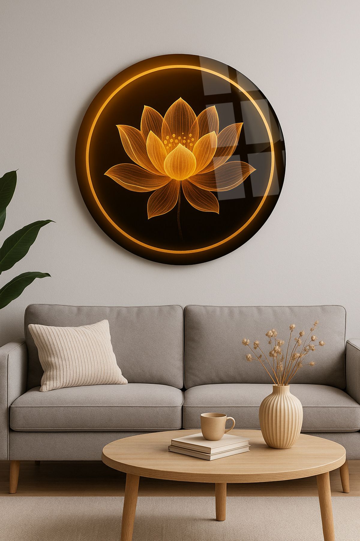 TAULART PARILTILI LOTUS ÇİÇEĞİ TASARIMI KIRILMAZ YUVARLAK CAM TABLO LÜKS EV HEDİYESİ ULTRA CANLI RENKLİ