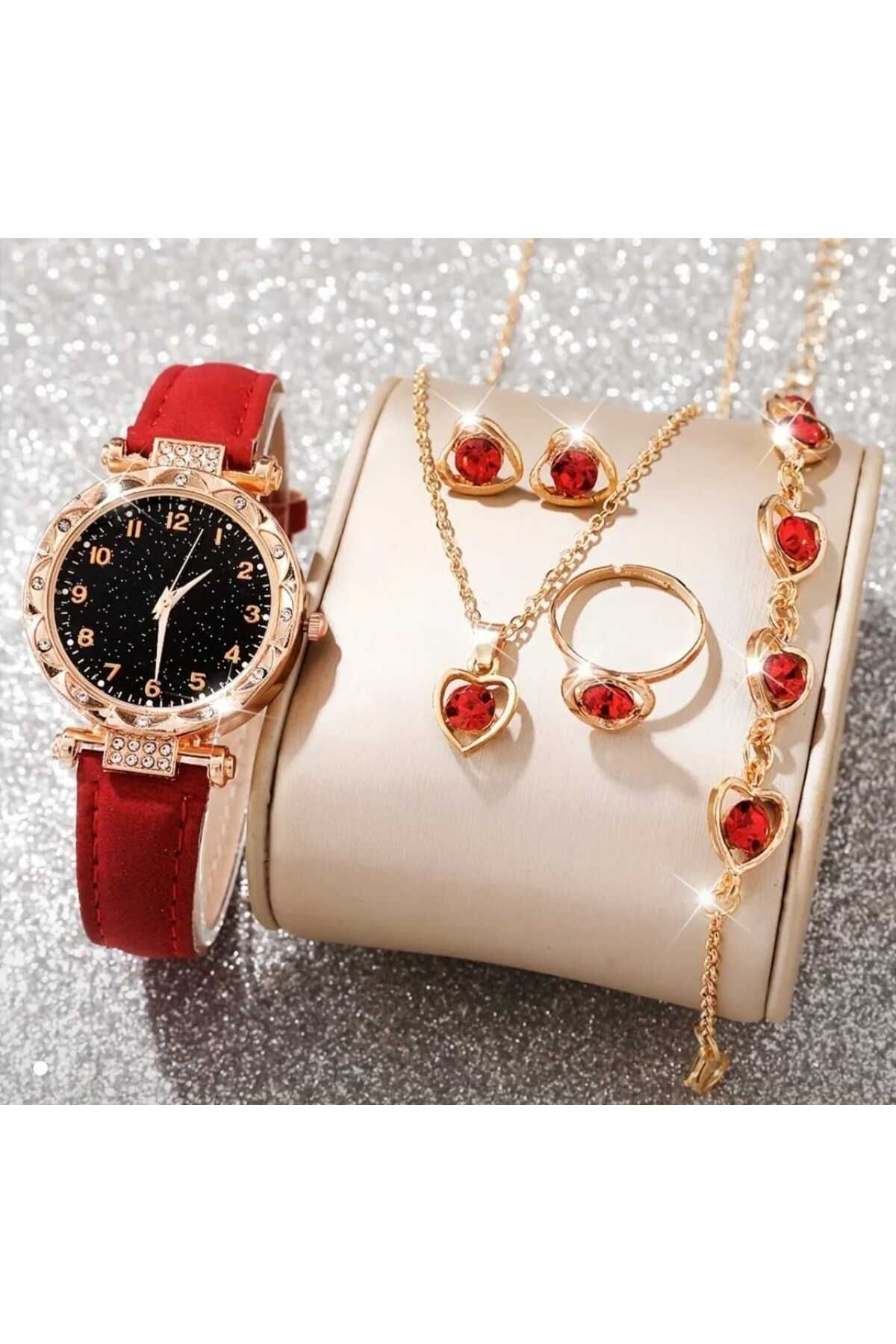 Ivory Pearl kırmızı kalp tasarımlı takı seti&saat